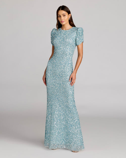 Blue Sequin Trumpet Gown with Puff Sleeves