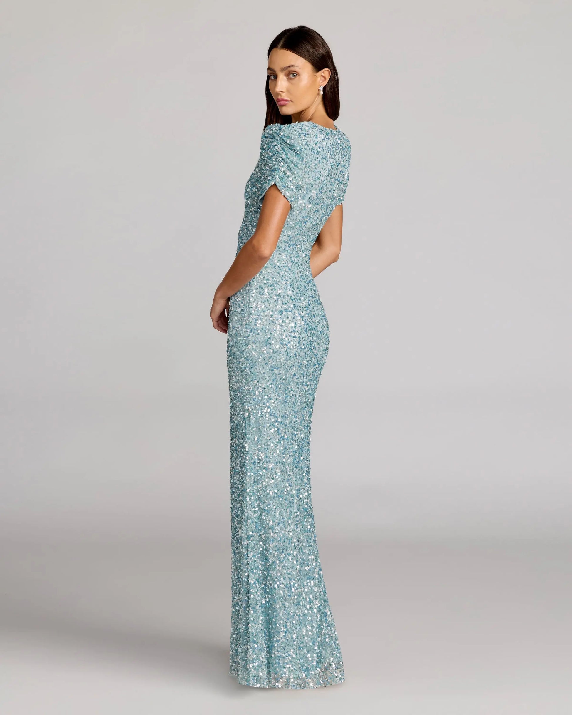 Blue Gathered Short Sleeve Embellished Gown | Mac Duggal Blue Gathered Short Sleeve Embellished Gown | Mac Duggal