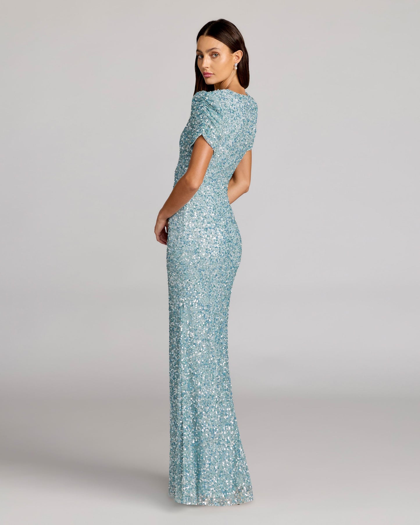Blue Sequin Trumpet Gown with Puff Sleeves