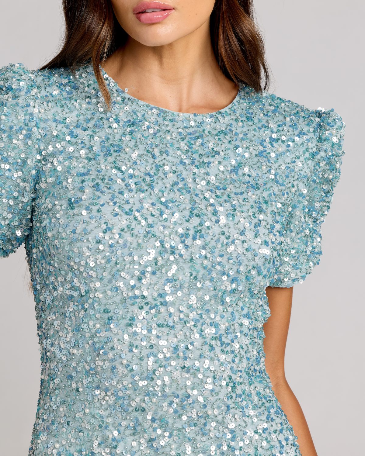 Blue Sequin Trumpet Gown with Puff Sleeves