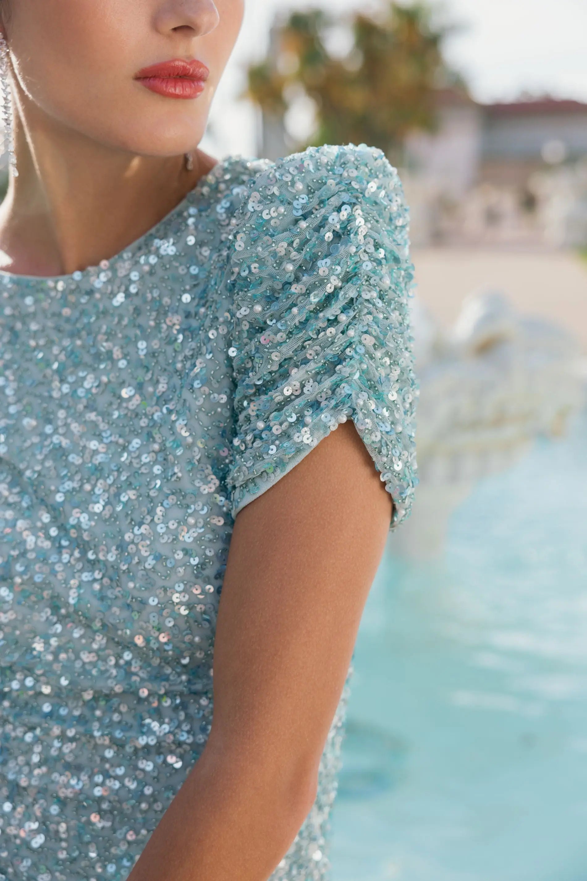 Blue Sequin Trumpet Gown with Puff Sleeves Mac Duggal