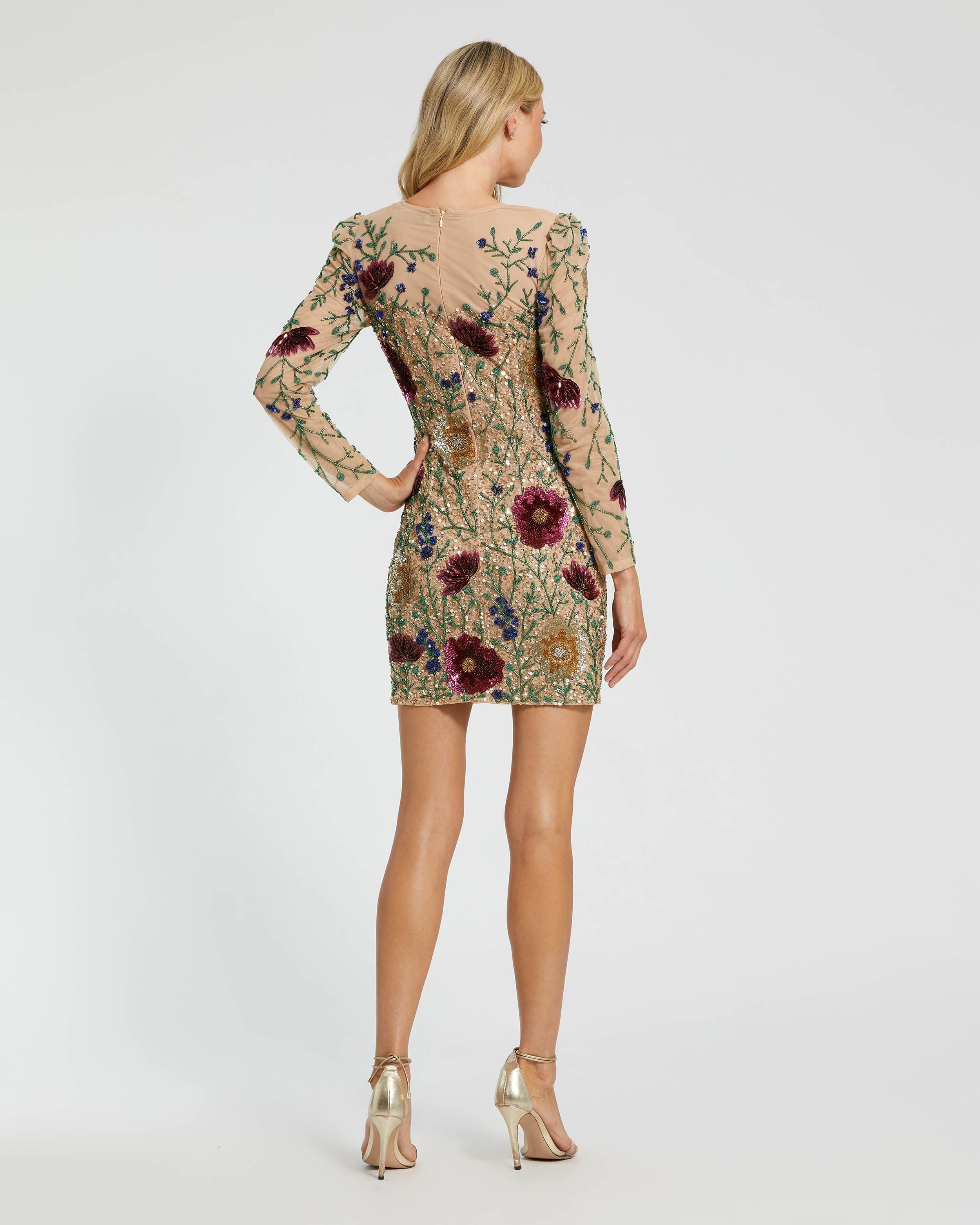 Nude Floral Beaded Long Sleeve Mini Dress Mac Duggal