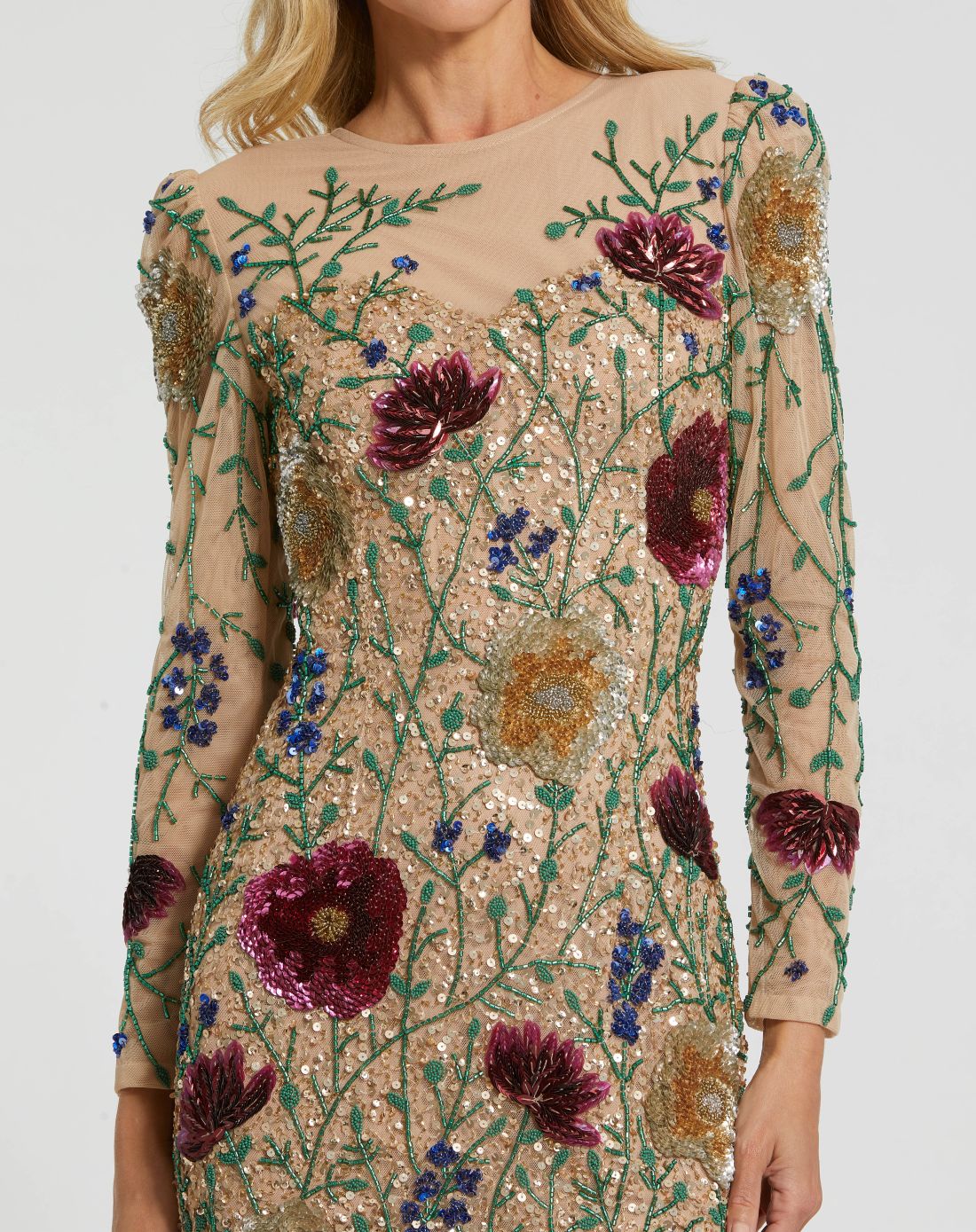 Nude Floral Beaded Long Sleeve Mini Dress Mac Duggal