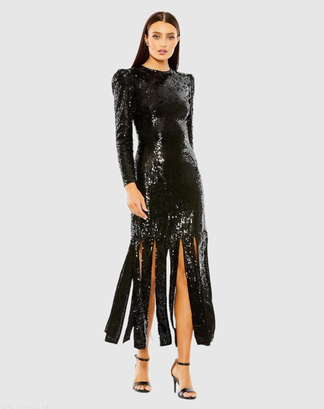Black Long Sleeve High Neck Carwash Panel Dress | Mac Duggal Black Long Sleeve High Neck Carwash Panel Dress | Mac Duggal