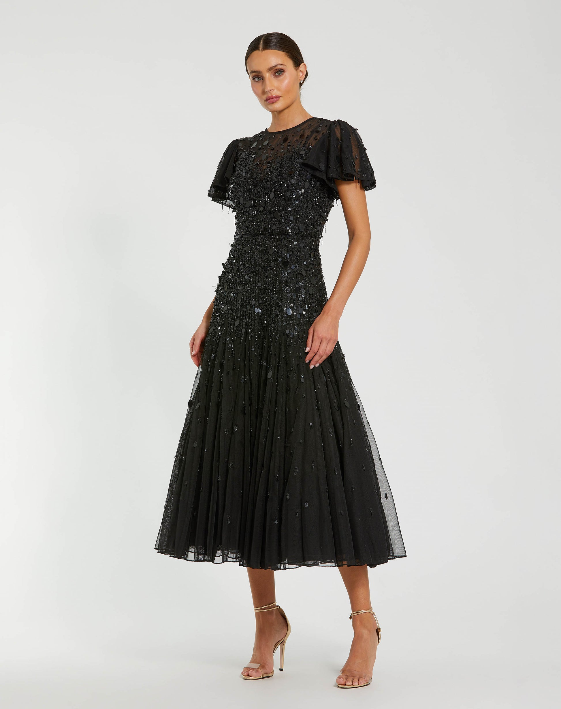 Black High Neck Flutter Sleeve Embellished Midi Dress