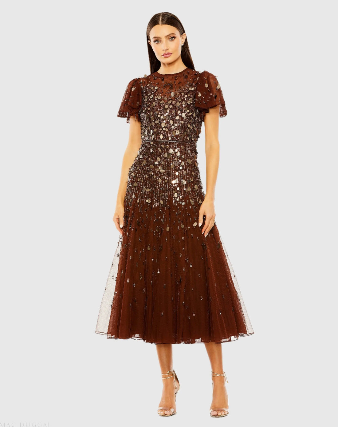Brown High Neck Flutter Sleeve Beaded Dress - Mac Duggal