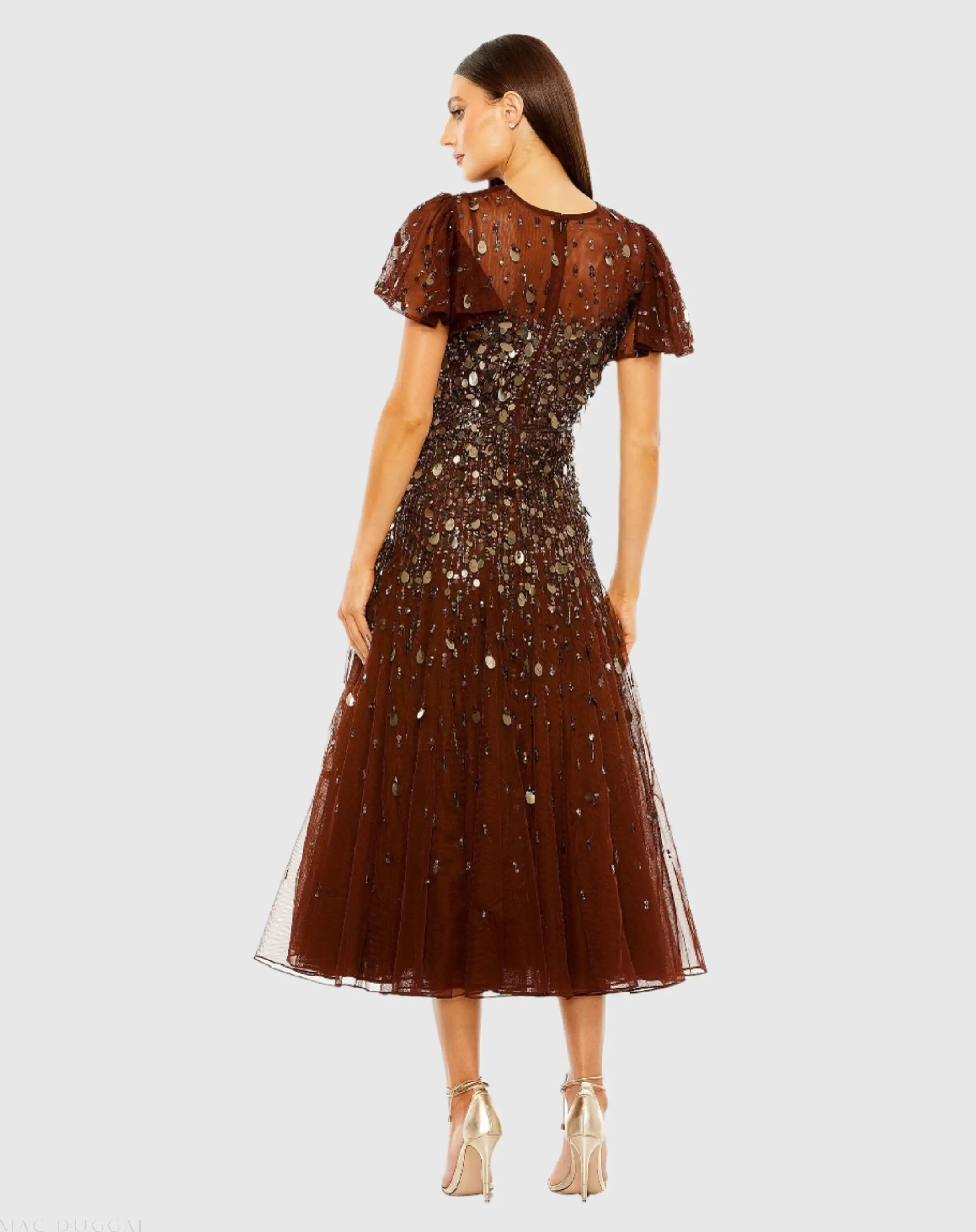 Brown High Neck Flutter Sleeve Beaded Dress - Mac Duggal
