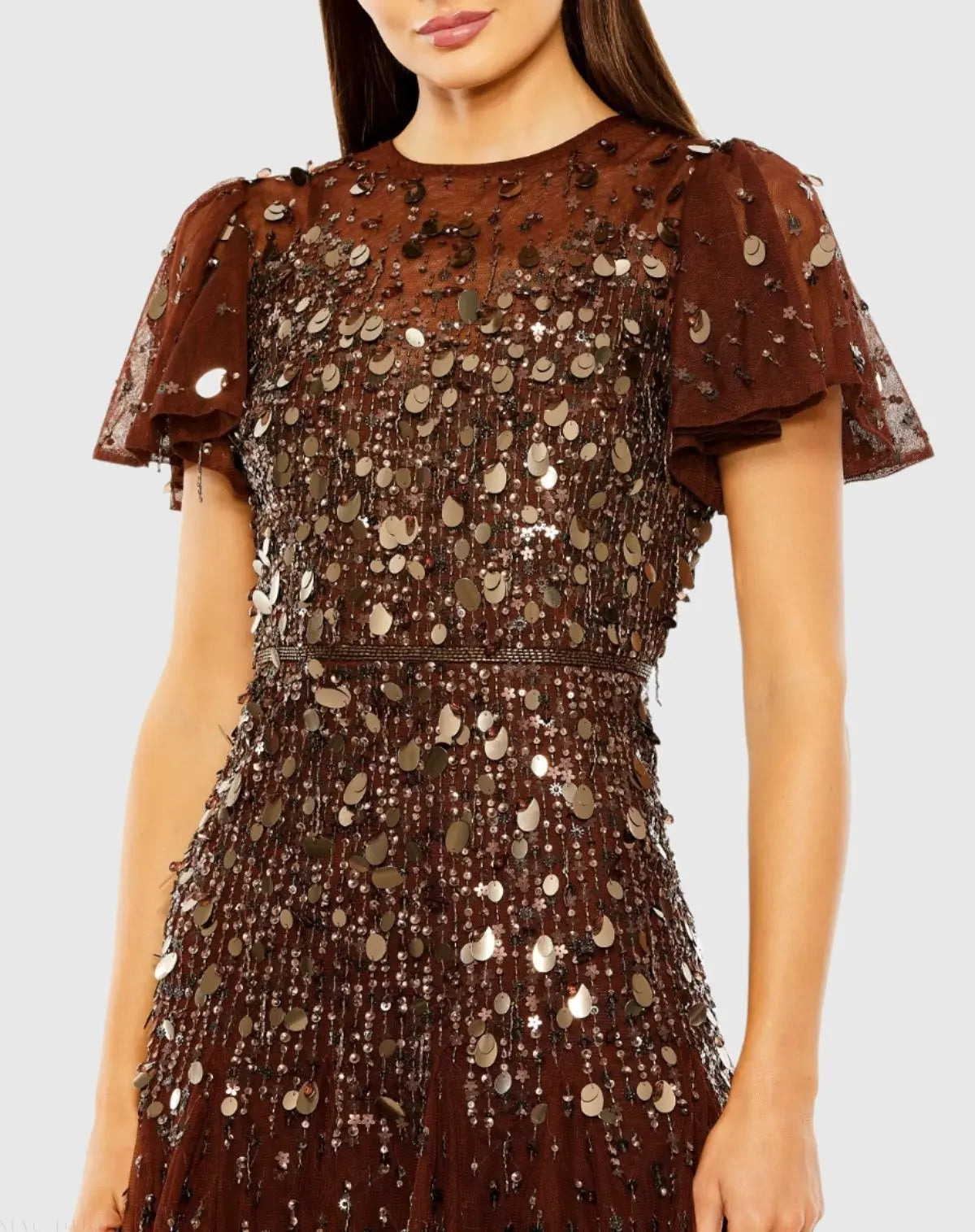 Brown High Neck Flutter Sleeve Beaded Dress - Mac Duggal