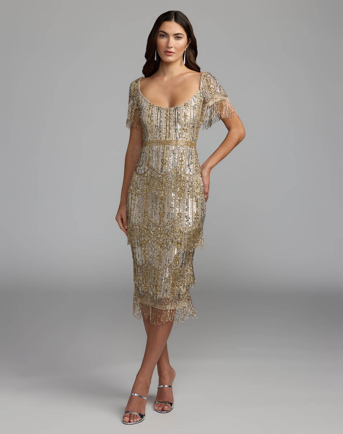 Light Gold Beaded Fringe Midi Dress Mac Duggal