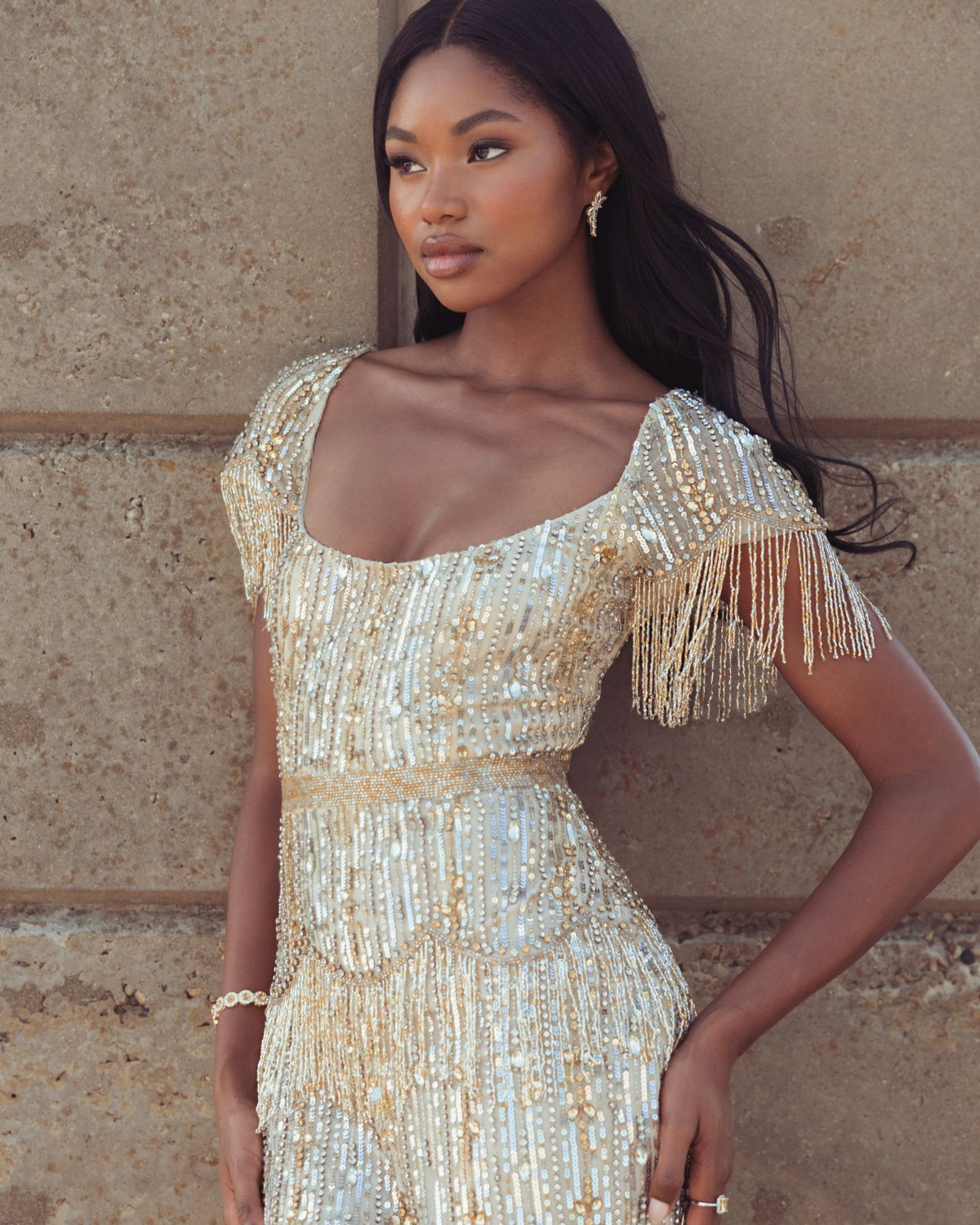 Light Gold Beaded Fringe Midi Dress Mac Duggal
