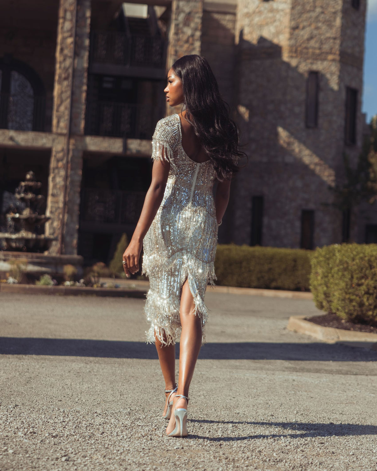 Light Gold Beaded Fringe Midi Dress Mac Duggal