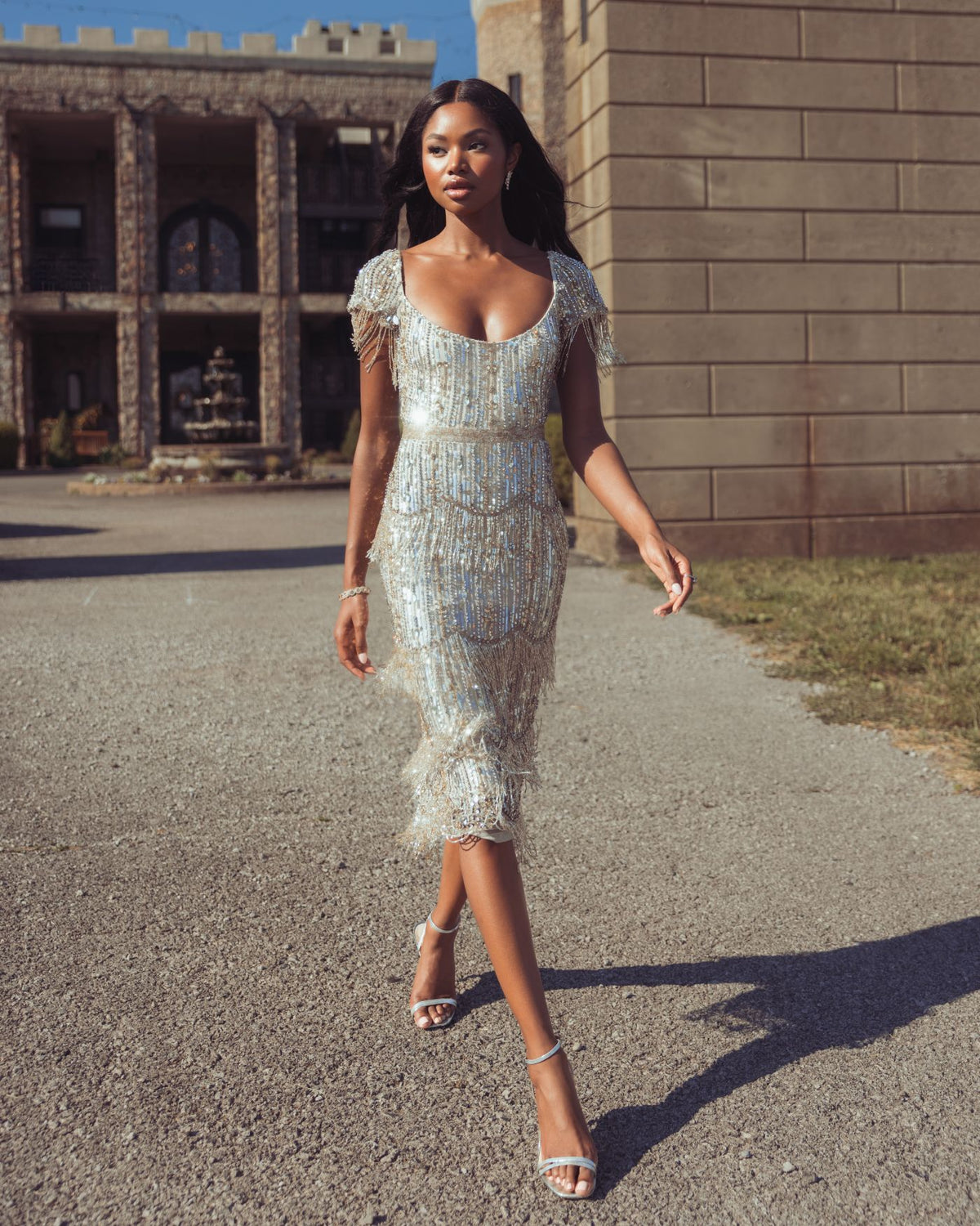 Light Gold Beaded Fringe Midi Dress Mac Duggal