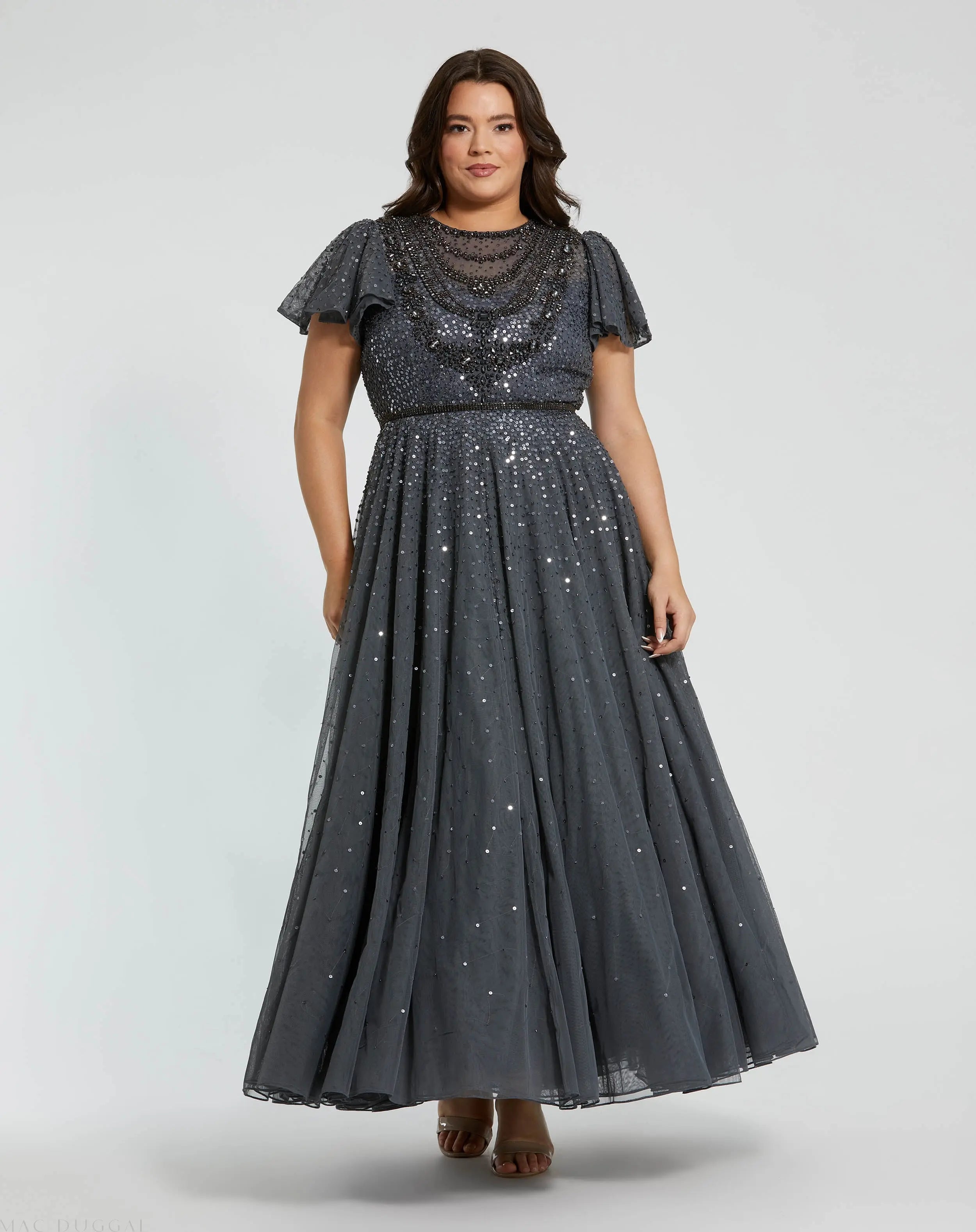 Gray Embellished Flutter Sleeve Evening Gown (Plus) - Mac Duggal