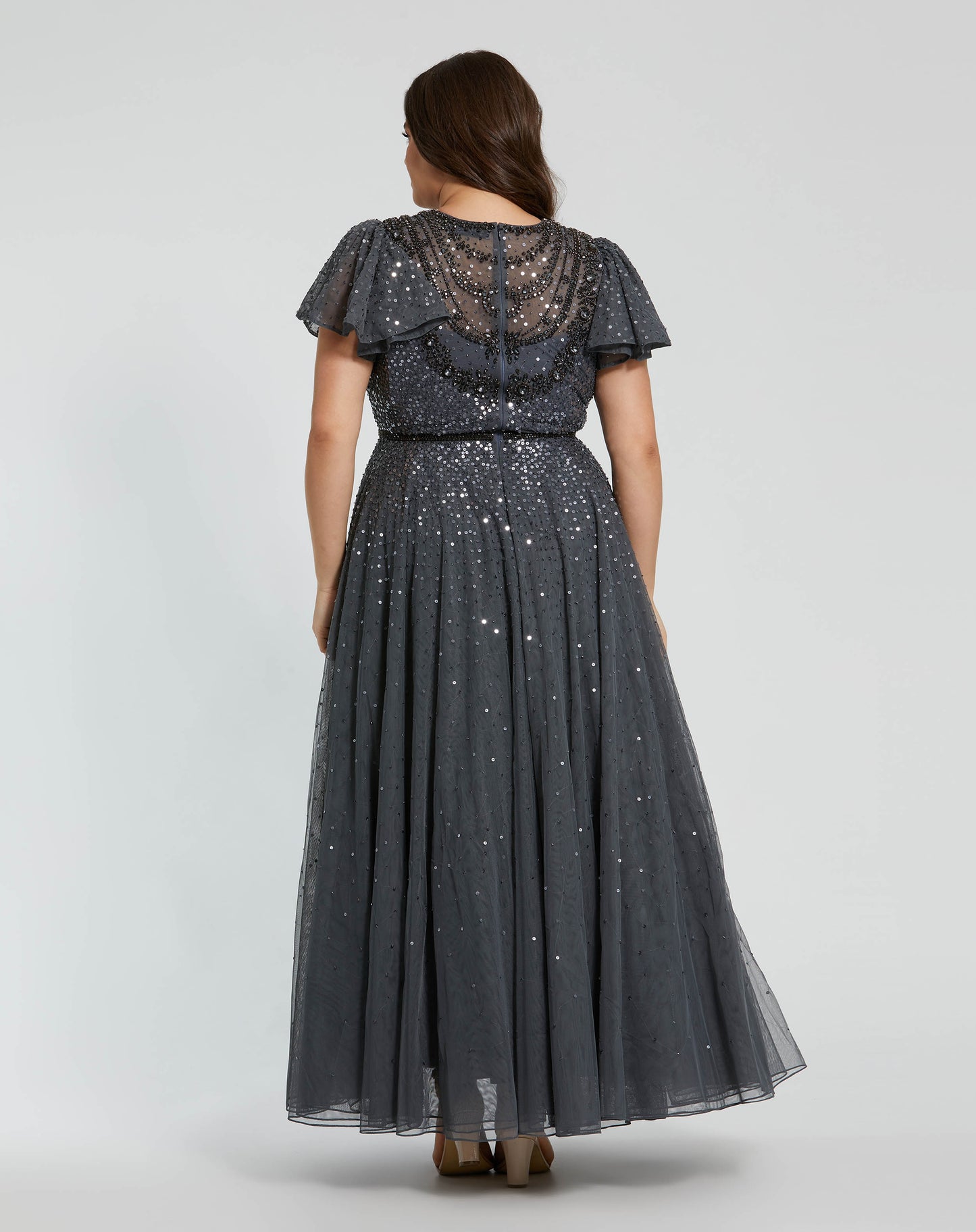 Sheer Flutter Sleeve Beaded Fluffy Net Gown