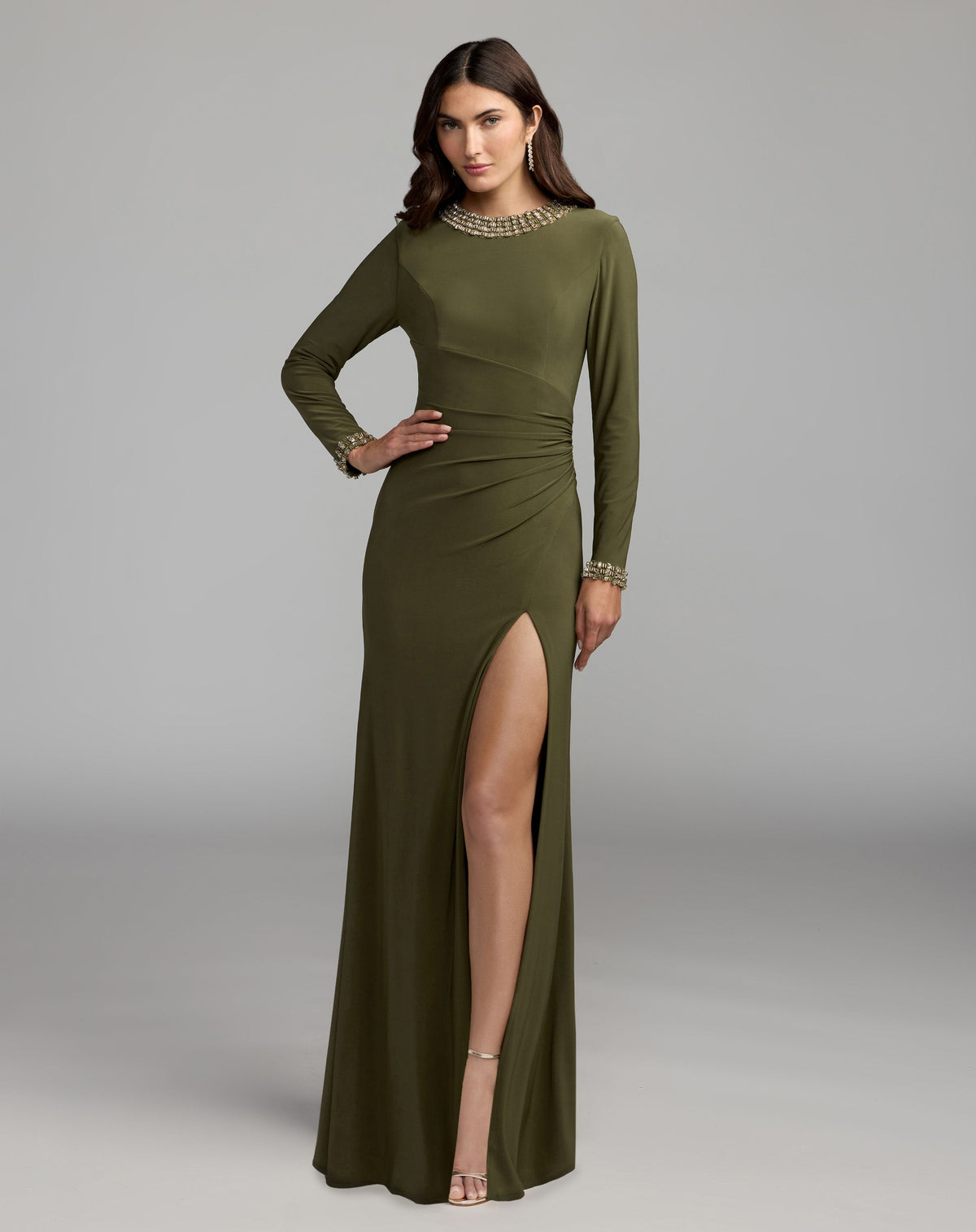 Dark Green Embellished Long Sleeve Gown With Slit - Ieena for Mac Duggal