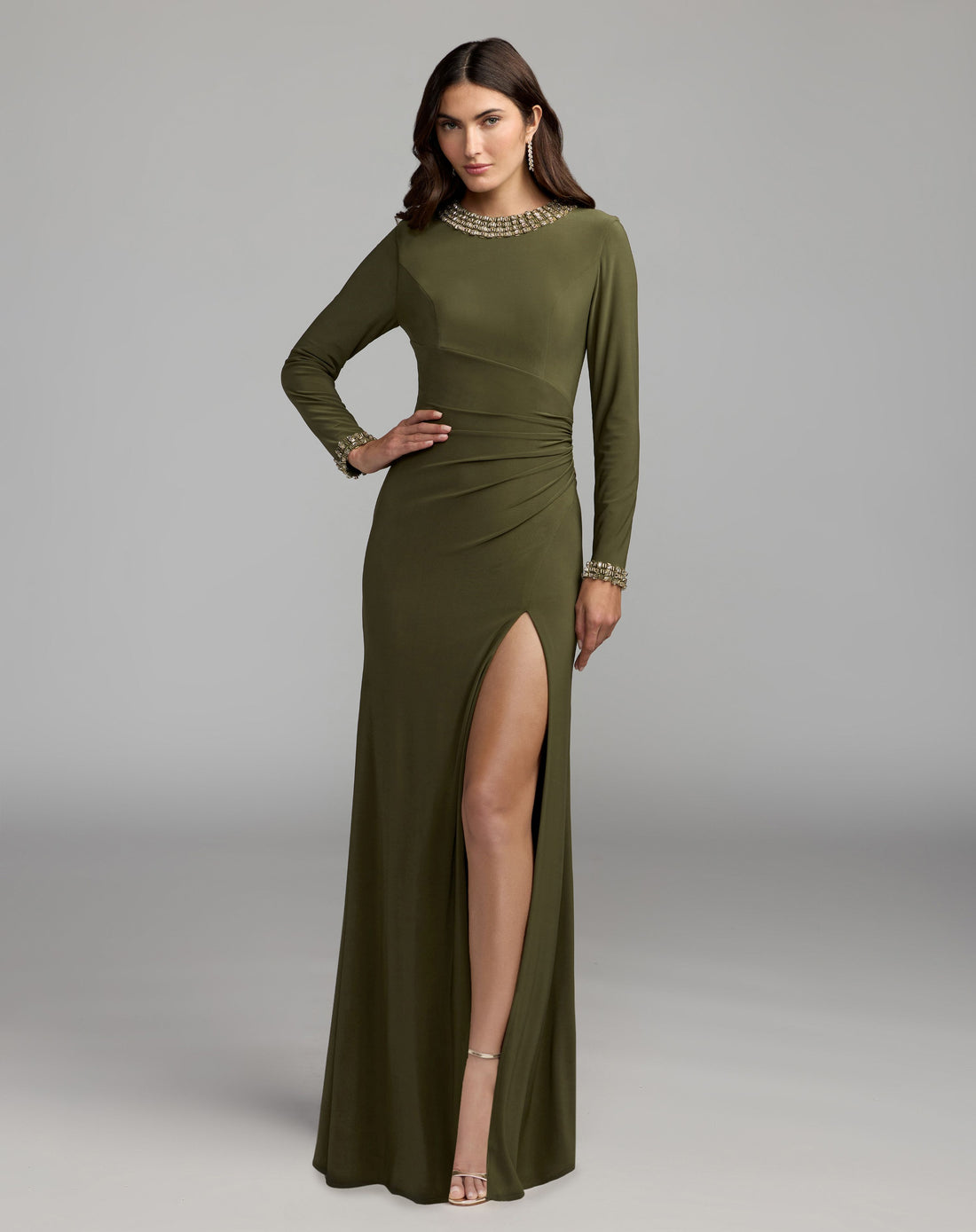 Dark Green Embellished Long Sleeve Gown With Slit - Ieena for Mac Duggal