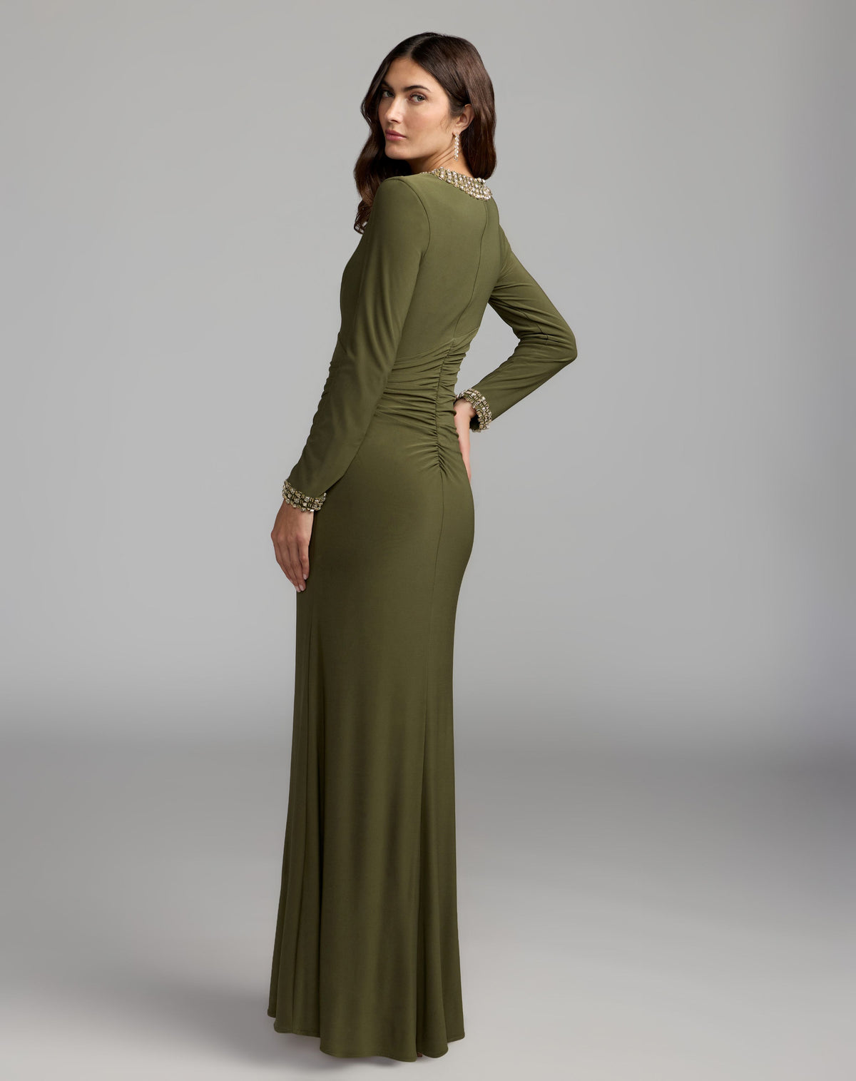 Dark Green Embellished Long Sleeve Gown With Slit - Ieena for Mac Duggal