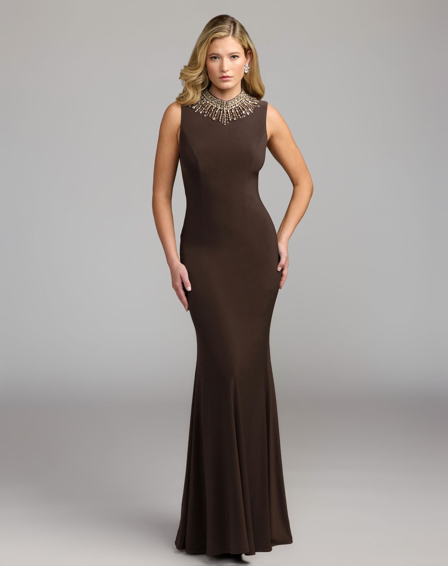 Brown Sleeveless Rhinestone Embellished High Neck Gown - Ieena for Mac Duggal