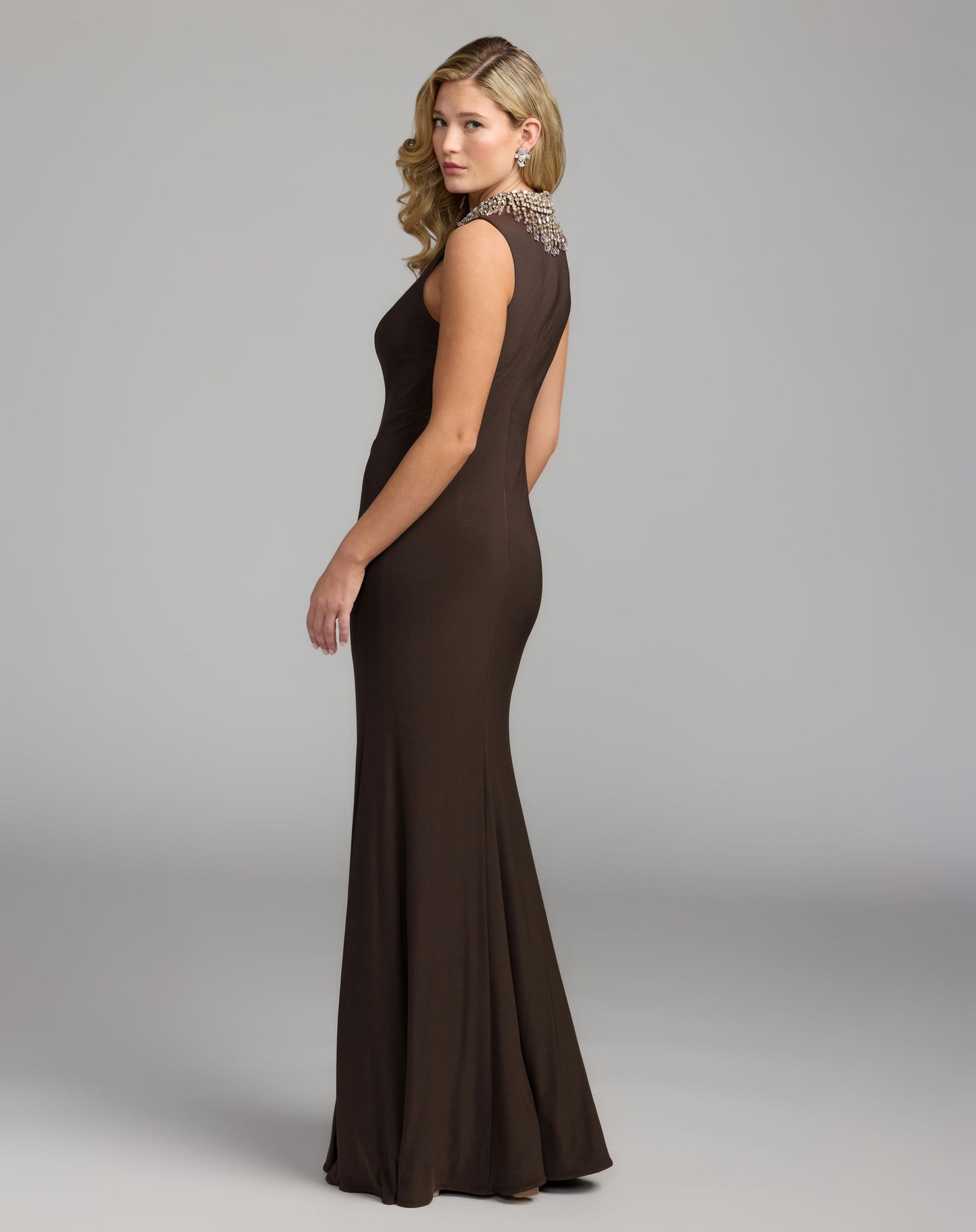 Brown Sleeveless Rhinestone Embellished High Neck Gown - Ieena for Mac Duggal