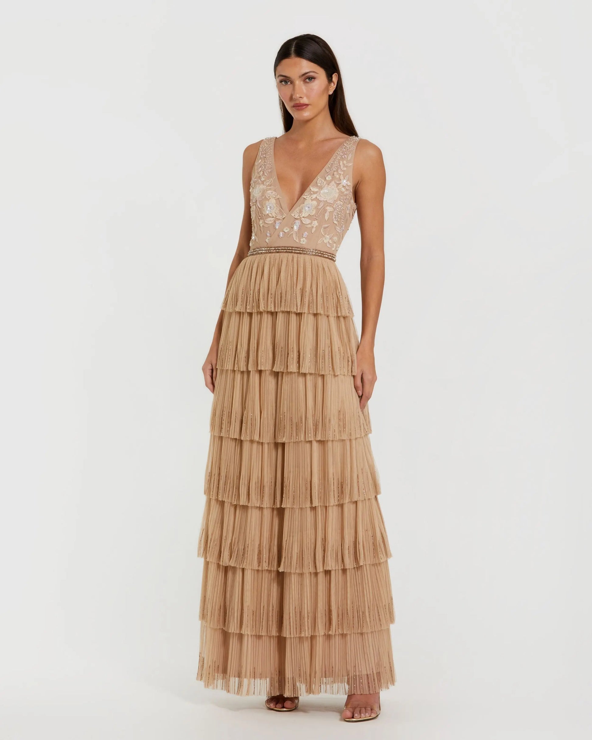 Beige Beaded Mesh V Neck Gown With Tiered Ruffles - Mac Duggal Beige Beaded Mesh V Neck Gown With Tiered Ruffles - Mac Duggal