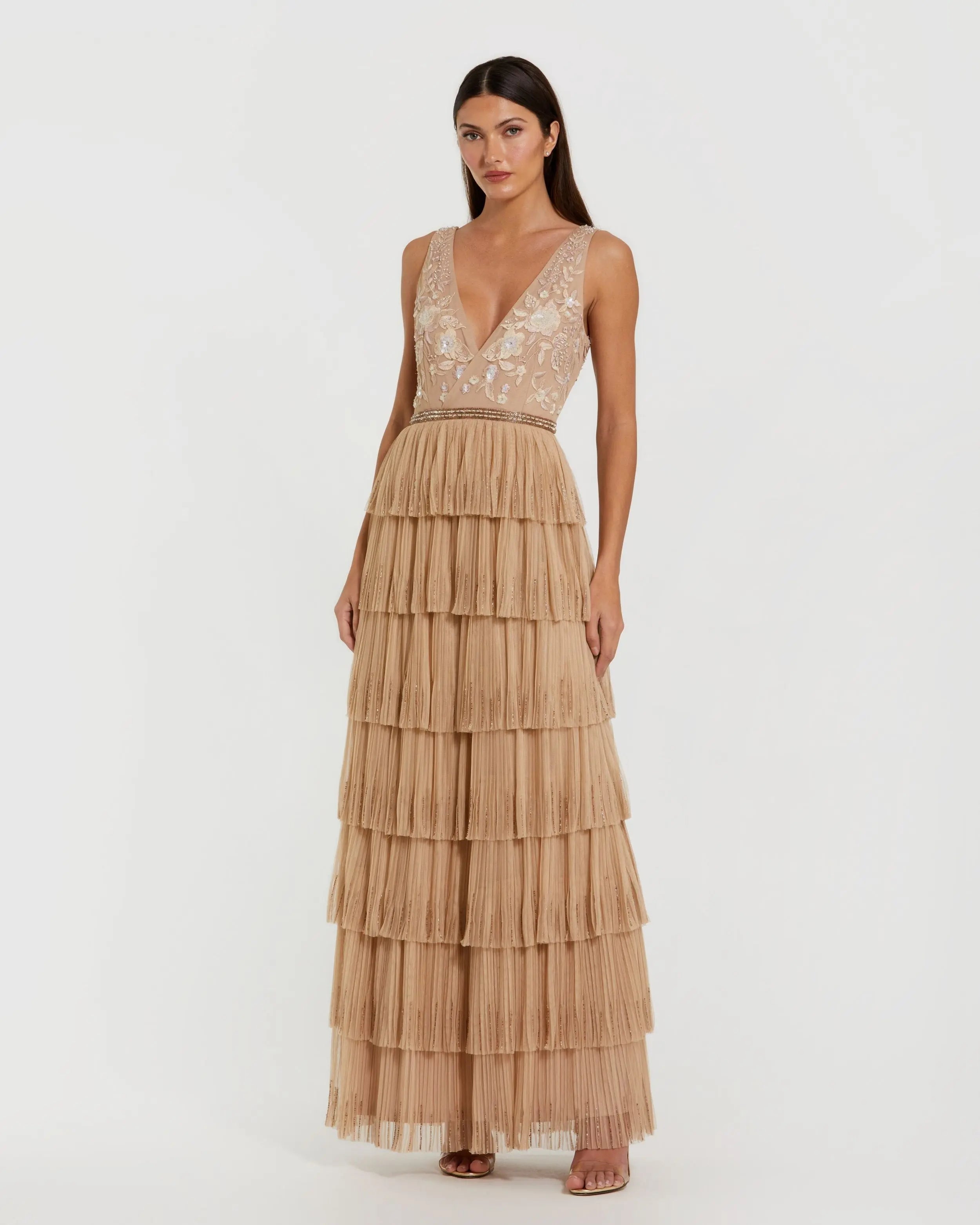 Beige Beaded Mesh V Neck Gown With Tiered Ruffles Mac Duggal