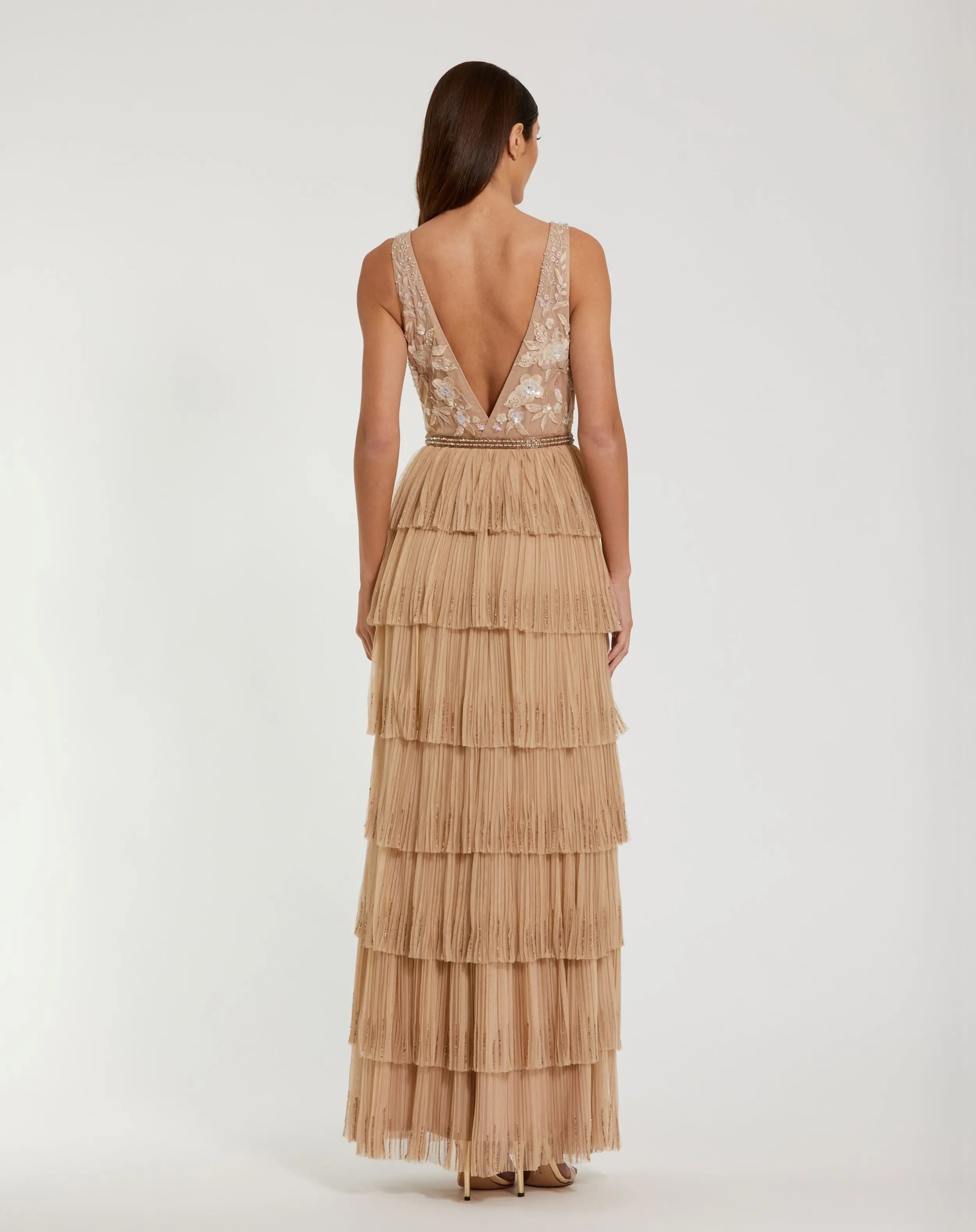 Beige Beaded Mesh V Neck Gown With Tiered Ruffles - Mac Duggal