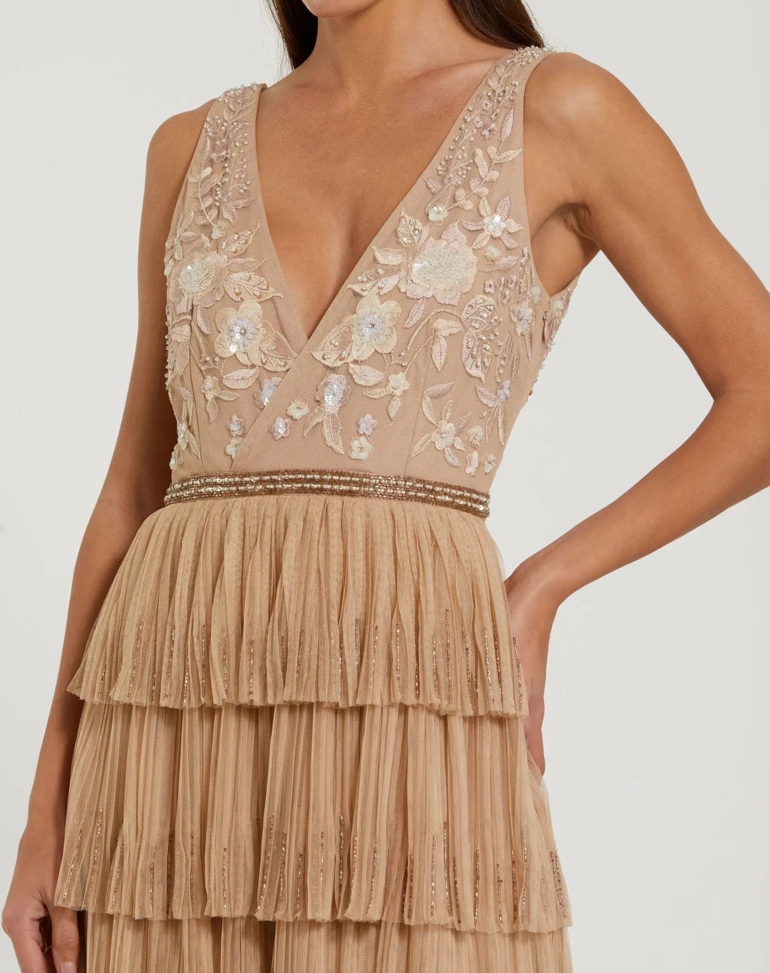 Mac Duggal Beaded Mesh V-Neck Gown With Tiered Ruffles - Nude Mac Duggal Beaded Mesh V-Neck Gown With Tiered Ruffles - Nude