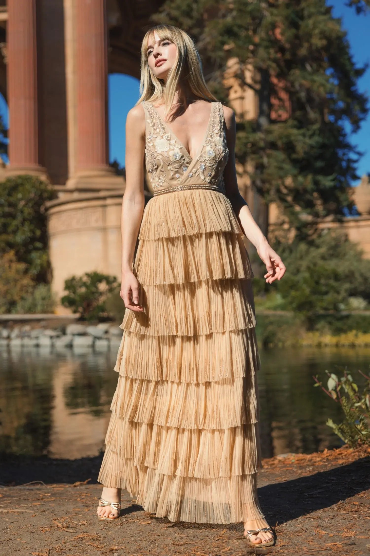 Beige Beaded Mesh V Neck Gown With Tiered Ruffles Beige Beaded Mesh V Neck Gown With Tiered Ruffles