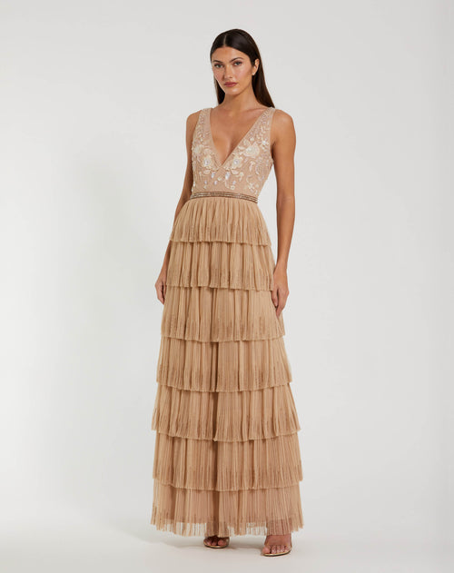 Beaded Mesh V Neck Gown With Tiered Ruffles