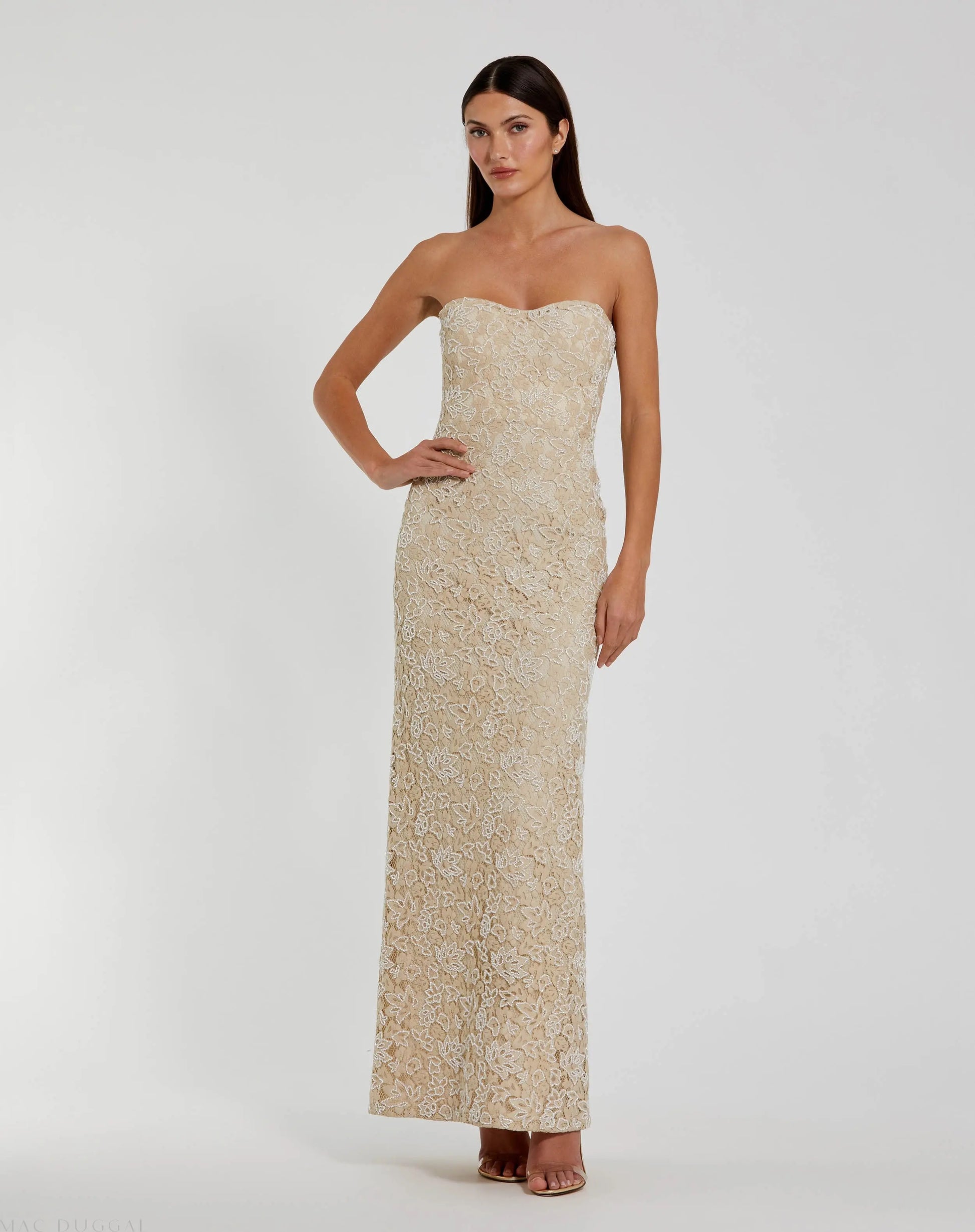 Beige Strapless Beaded Lace Fitted Column Gown | Mac Duggal Beige Strapless Beaded Lace Fitted Column Gown | Mac Duggal
