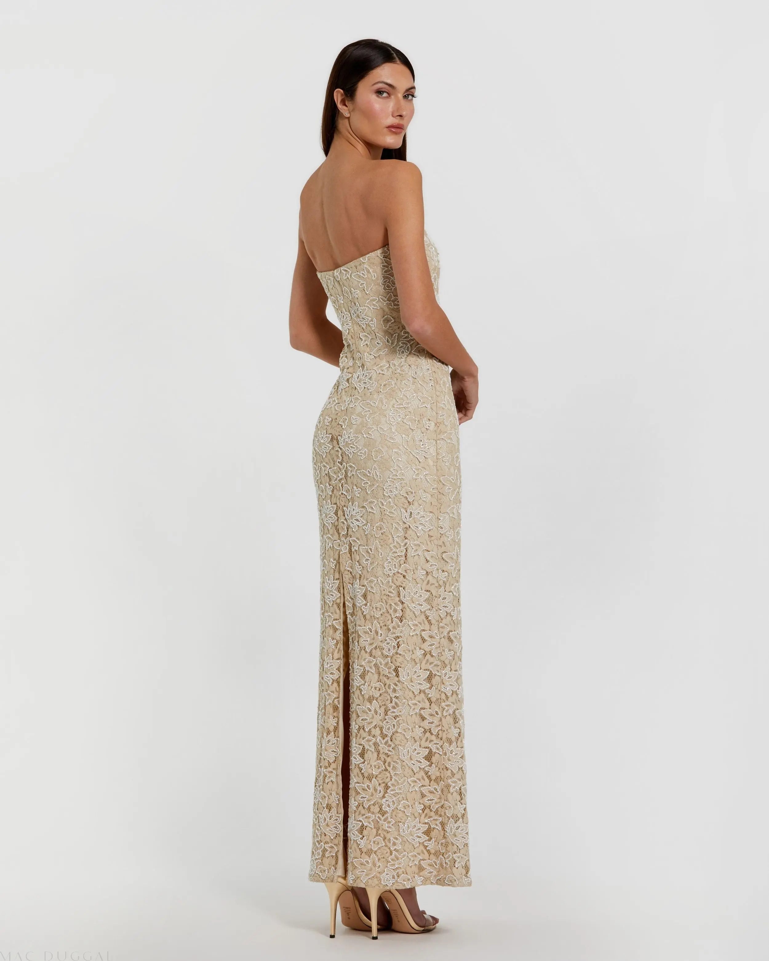 Beige Strapless Beaded Lace Fitted Column Gown - Mac Duggal