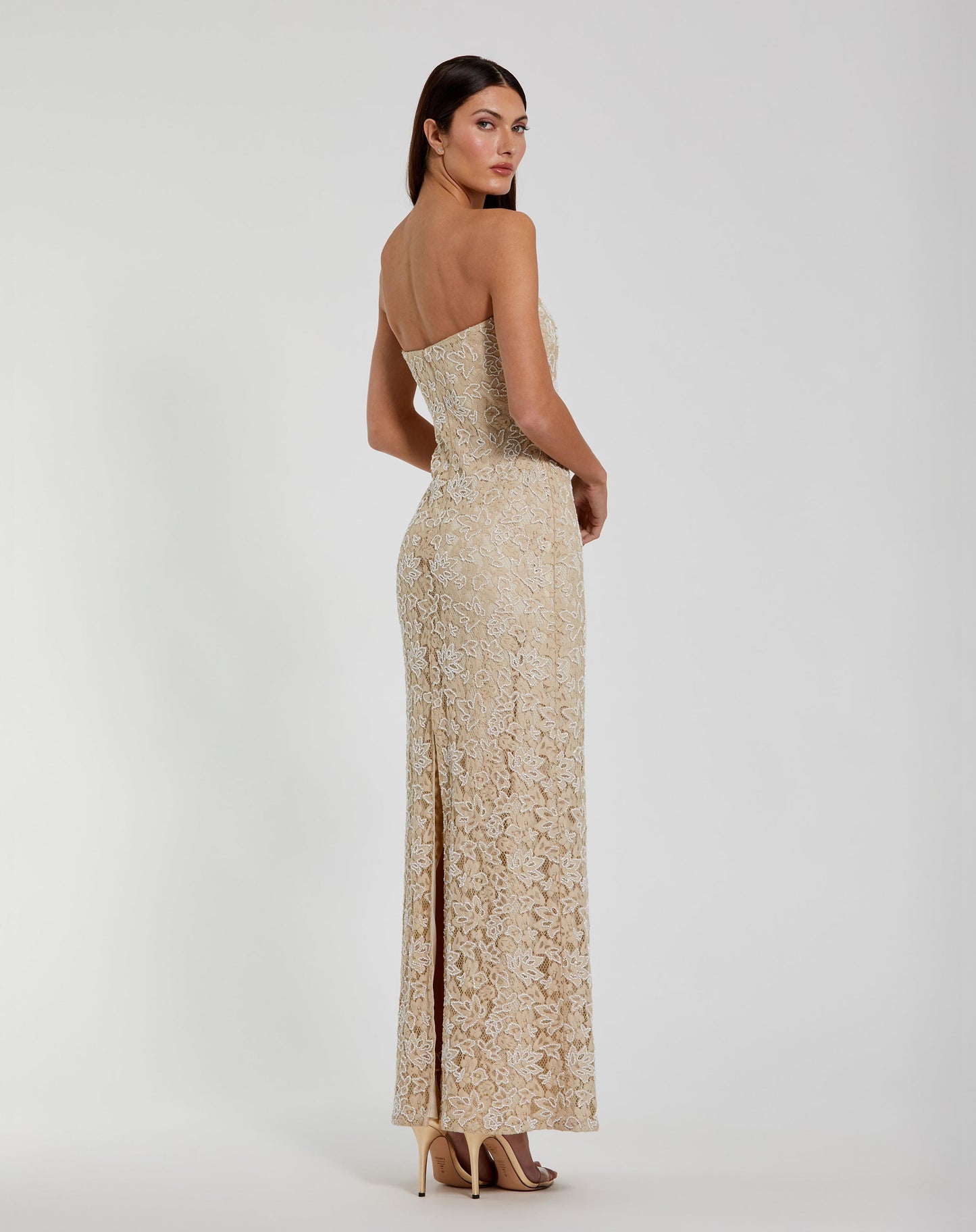 Beige Strapless Beaded Lace Fitted Column Gown