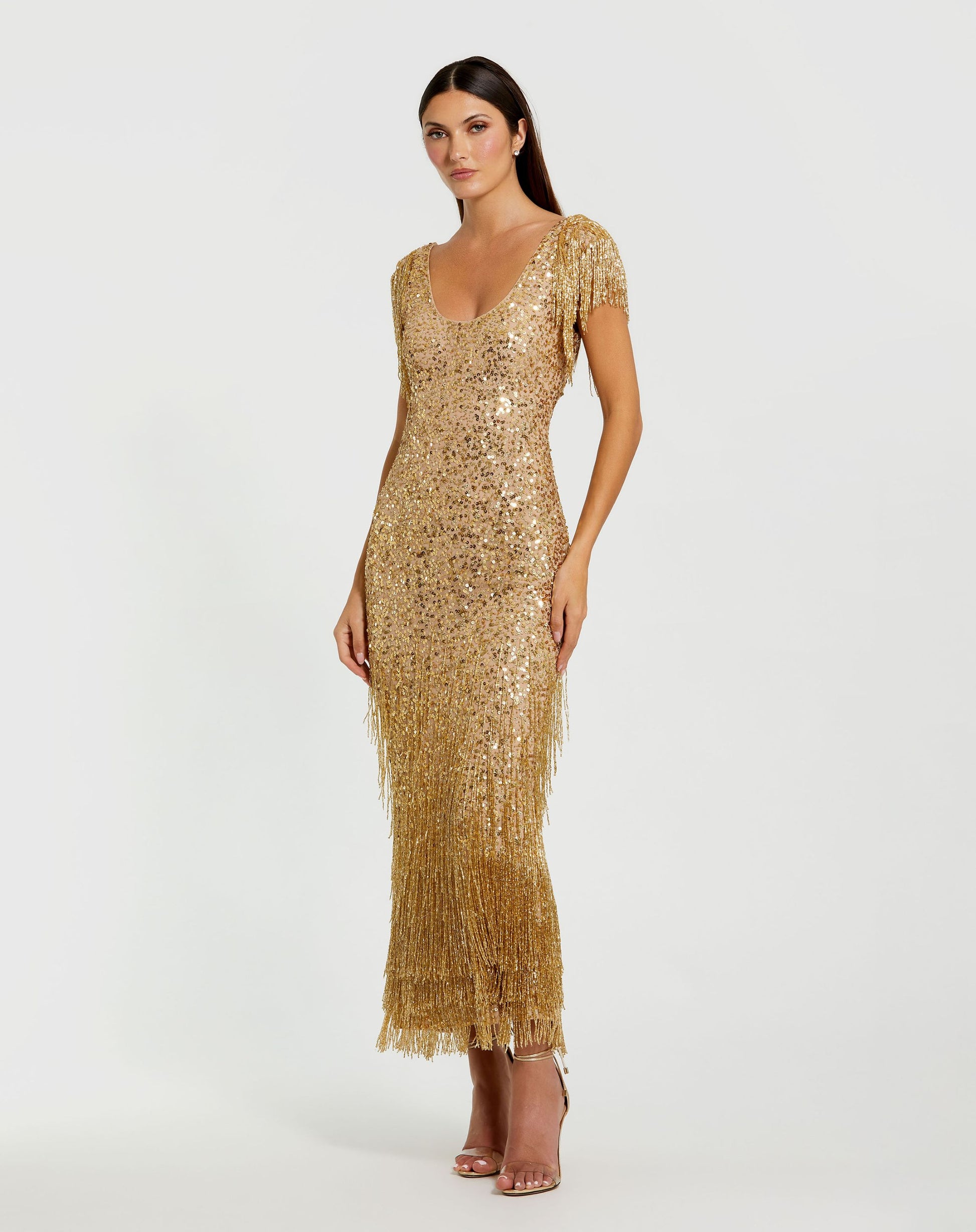 Gold Beaded Fringe Scoop Neck Midi Dress - Mac Duggal