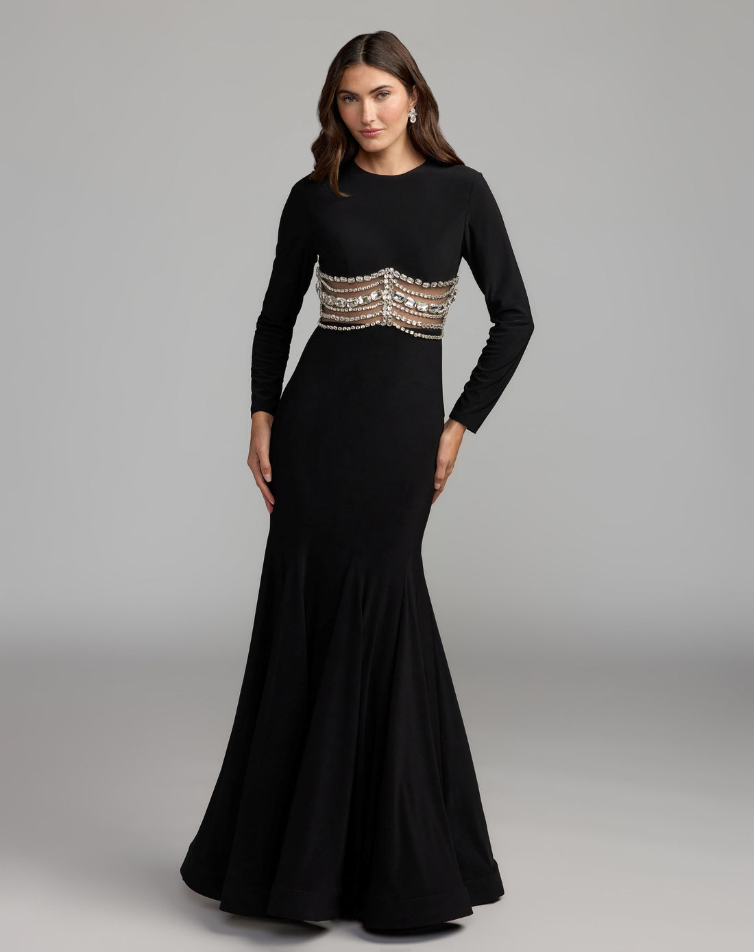 Black Long Sleeve Jersey Gown With Crystal Detail - Ieena for Mac Duggal