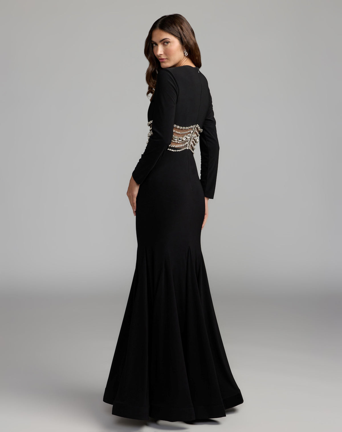 Black Long Sleeve Jersey Gown With Crystal Detail - Ieena for Mac Duggal