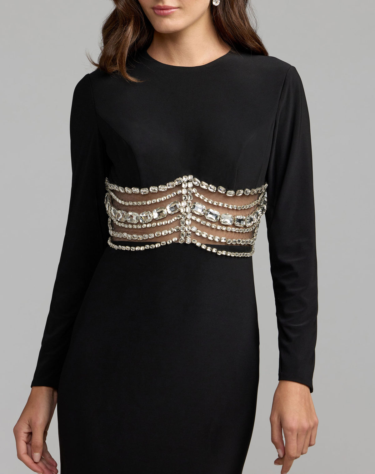 Black Long Sleeve Jersey Gown With Crystal Detail - Ieena for Mac Duggal