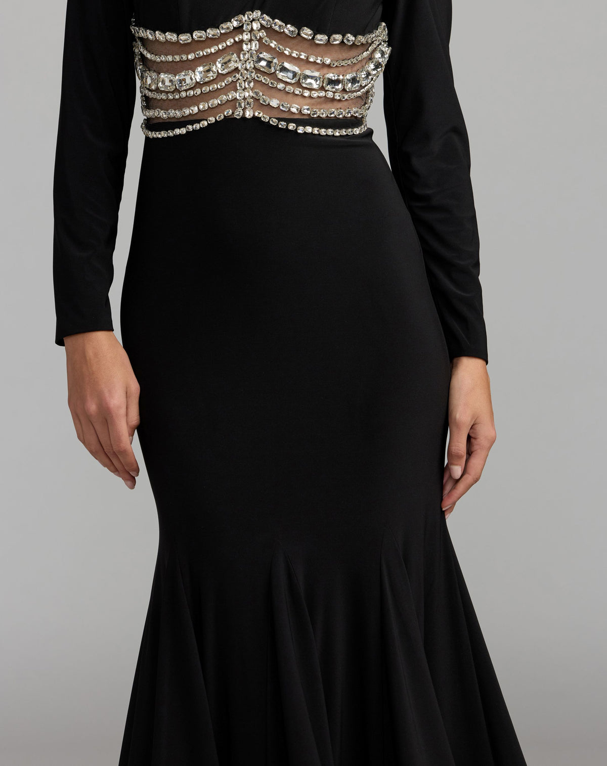 Black Long Sleeve Jersey Gown With Crystal Detail - Ieena for Mac Duggal