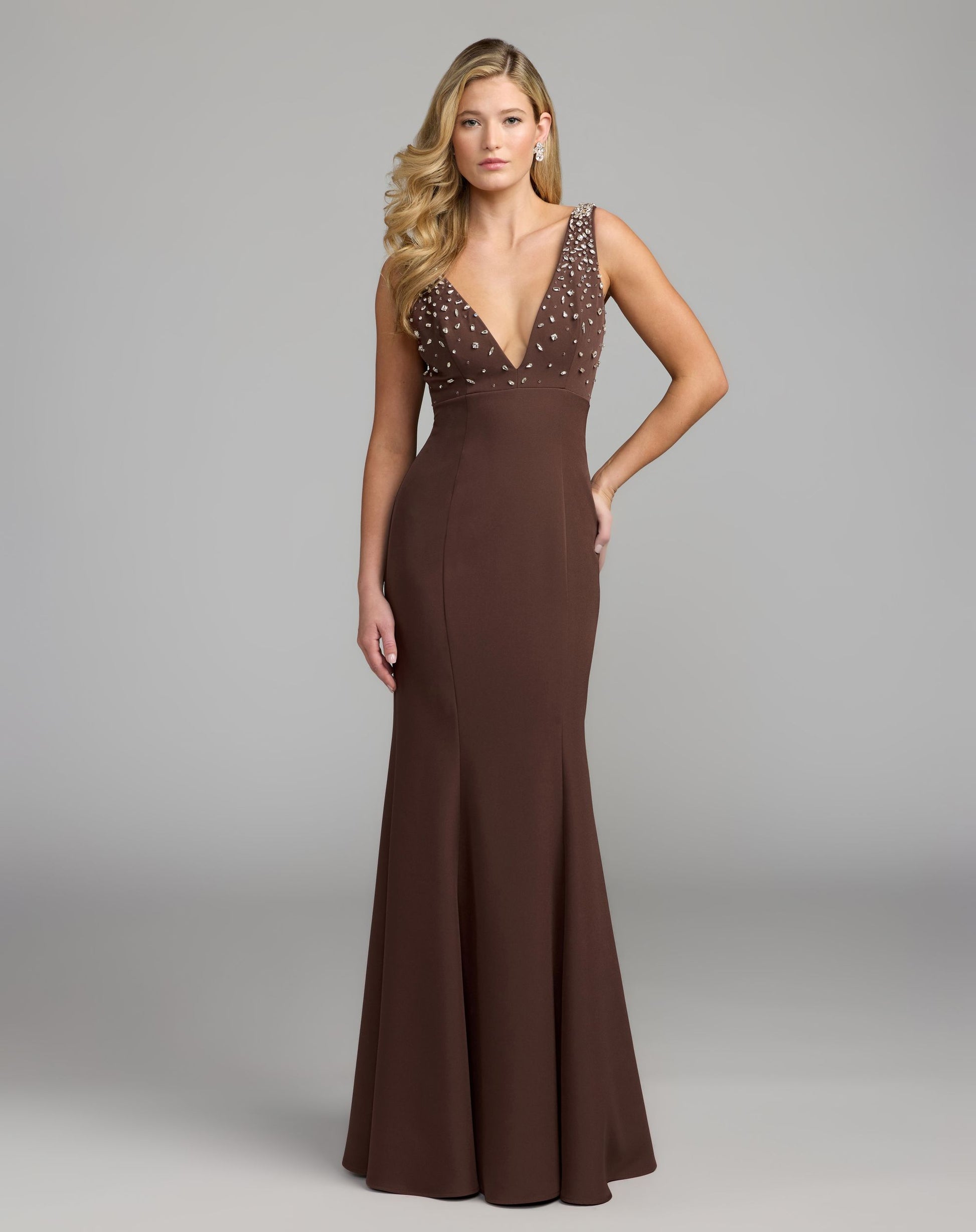 Brown Embellished Crepe Sleeveless V-Neck Gown - Ieena for Mac Duggal