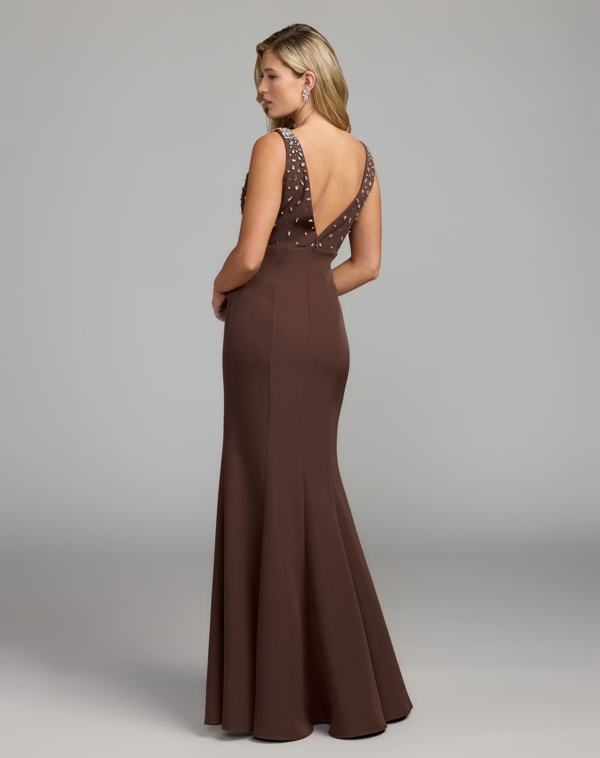 Brown Embellished Crepe Sleeveless V-Neck Gown - Ieena for Mac Duggal