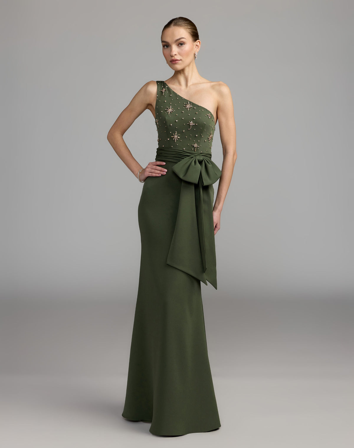 Forest Green Embellished One Shoulder Crepe Gown With Bow - Ieena for Mac Duggal