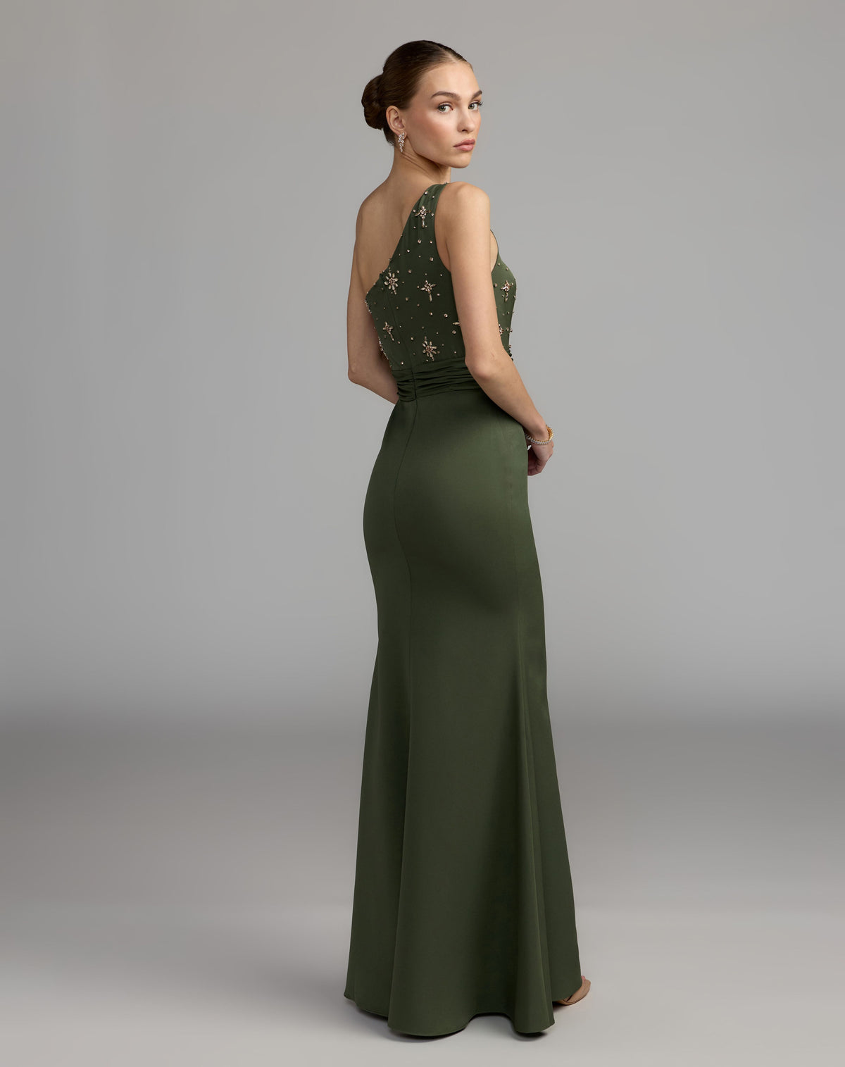 Forest Green Embellished One Shoulder Crepe Gown With Bow - Ieena for Mac Duggal