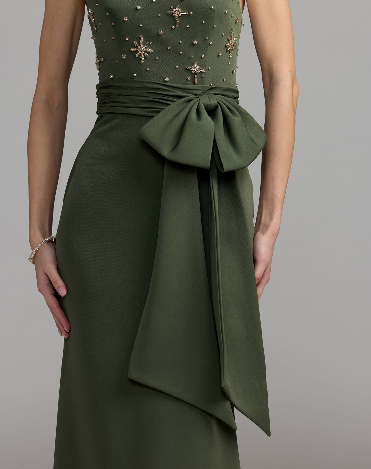 Forest Green Embellished One Shoulder Crepe Gown With Bow - Ieena for Mac Duggal