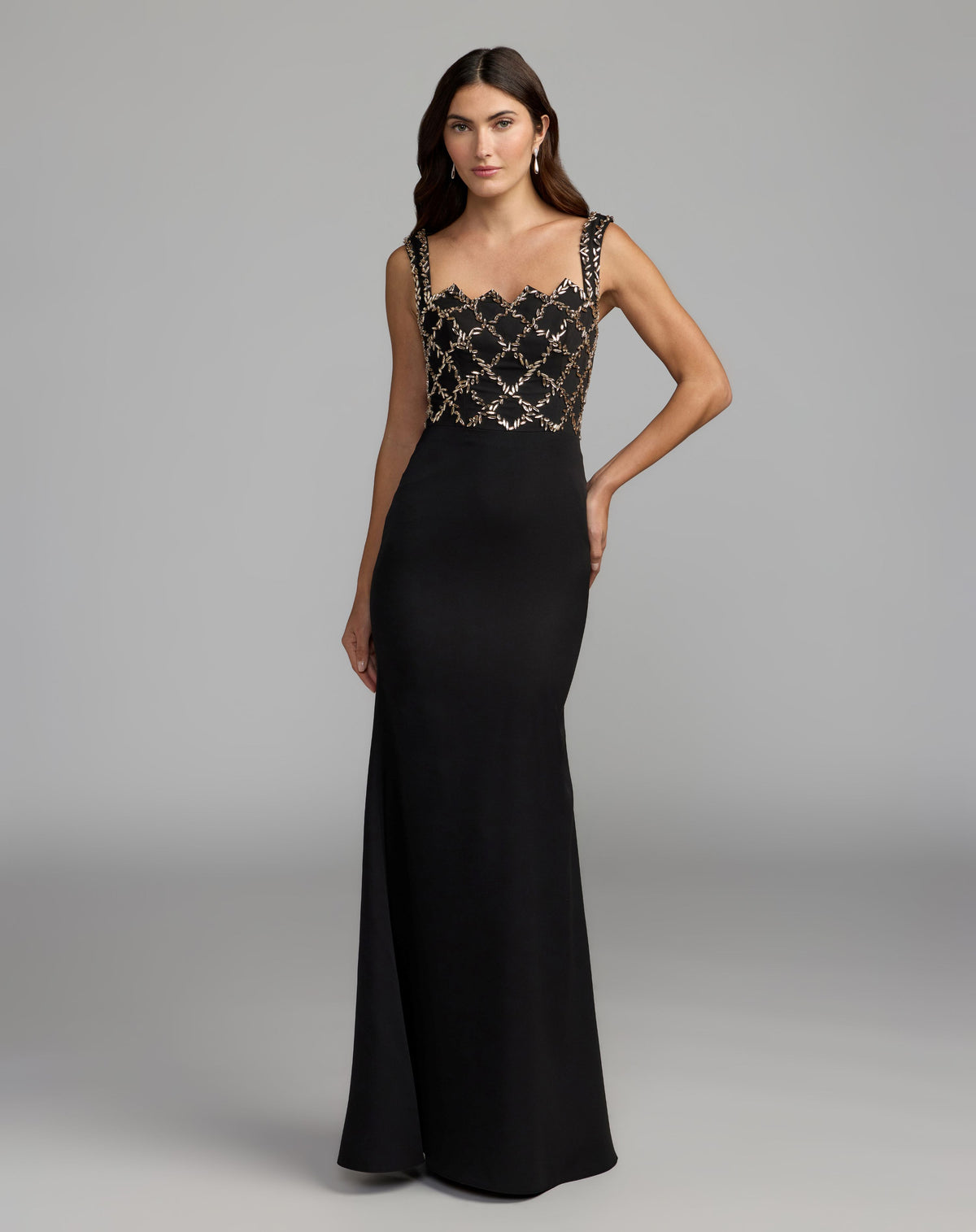 Black Embellished Square Neck Column Gown - Ieena for Mac Duggal