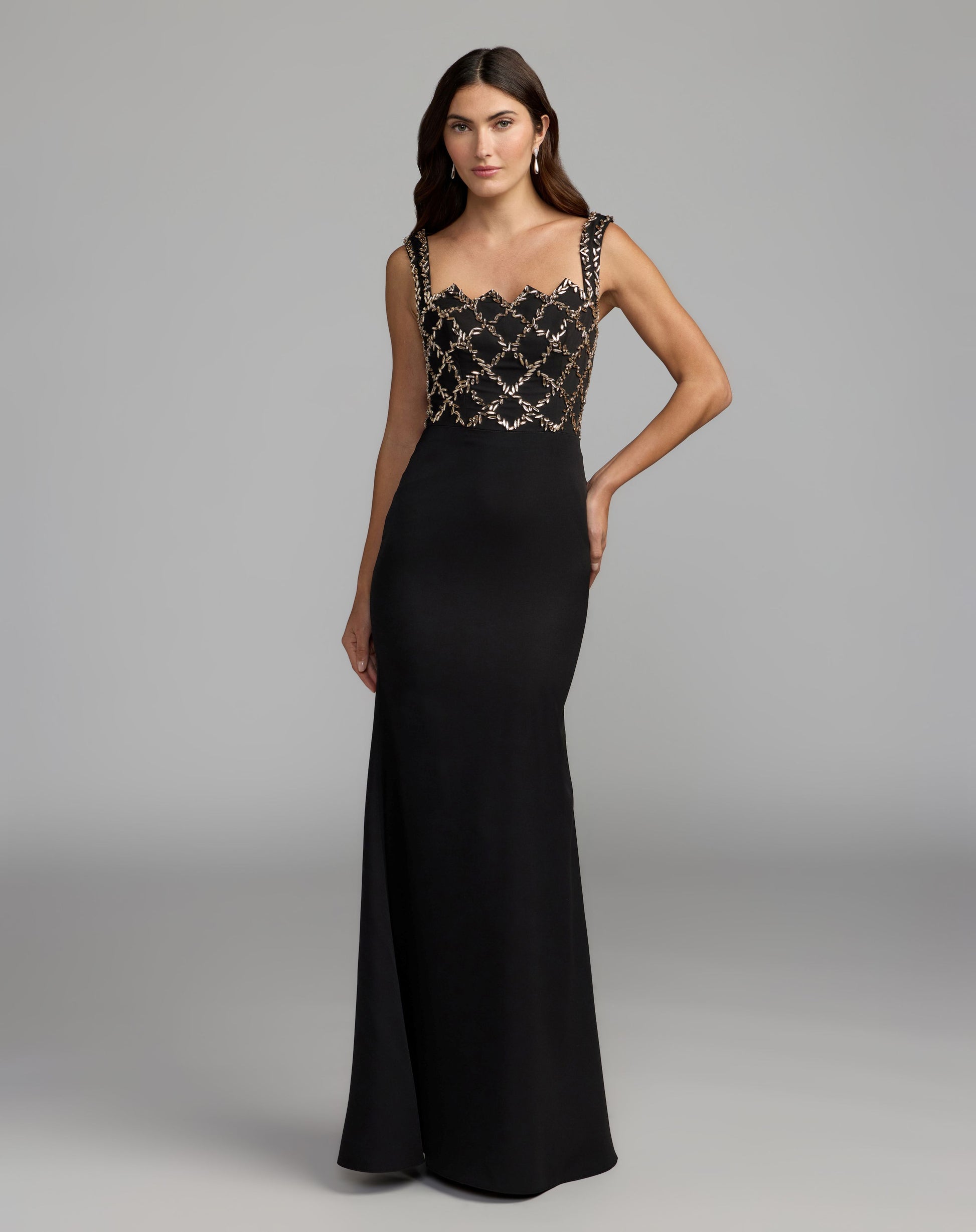 Black Embellished Square Neck Column Gown - Ieena for Mac Duggal