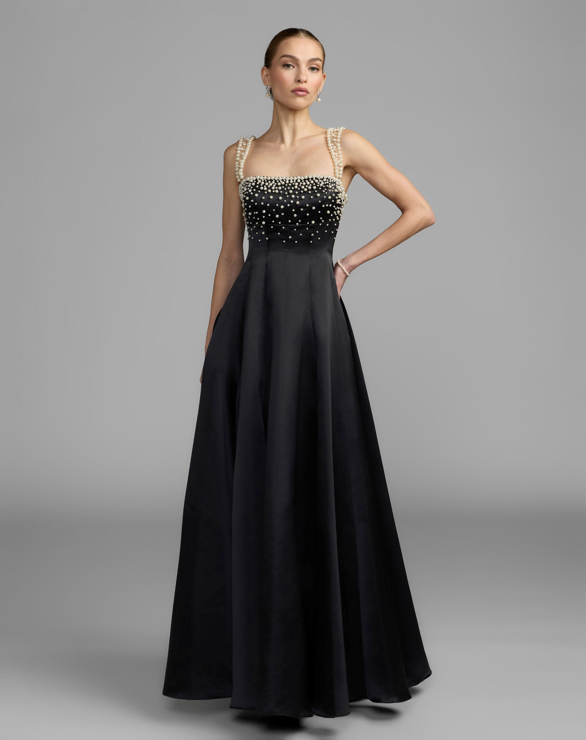 Black Pearl Embellished A-Line Satin Gown - Mac Duggal