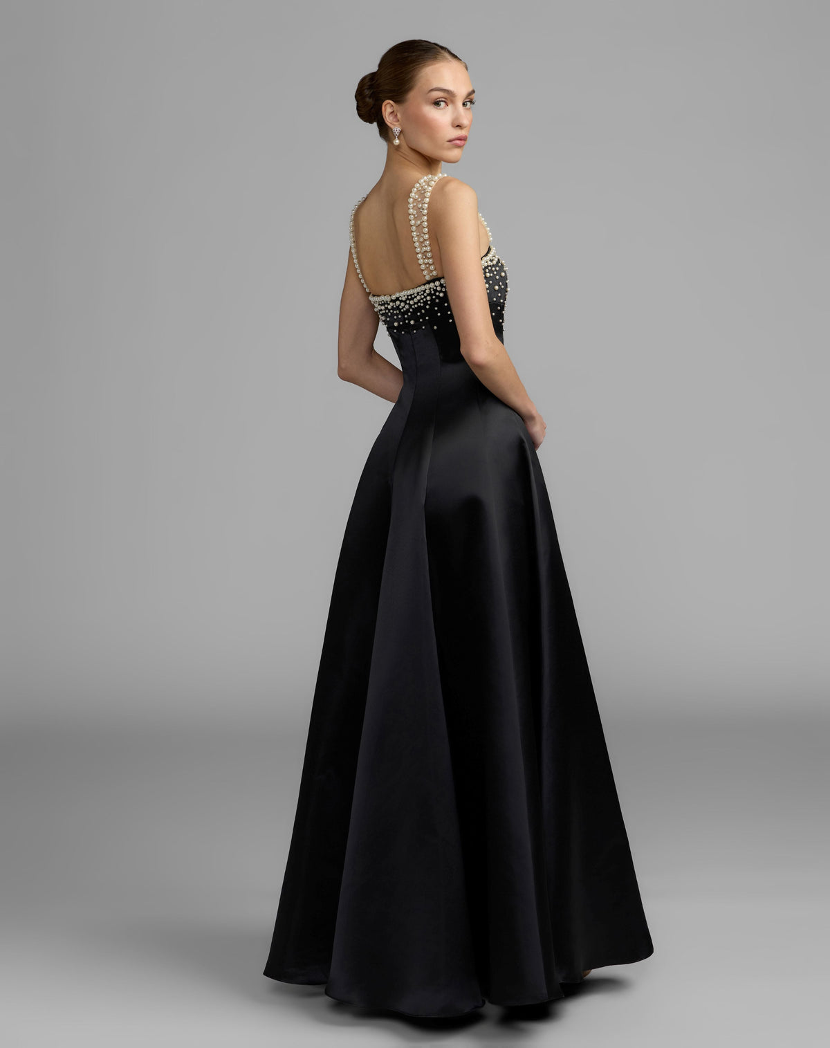 Black Pearl Embellished A-Line Satin Gown - Mac Duggal