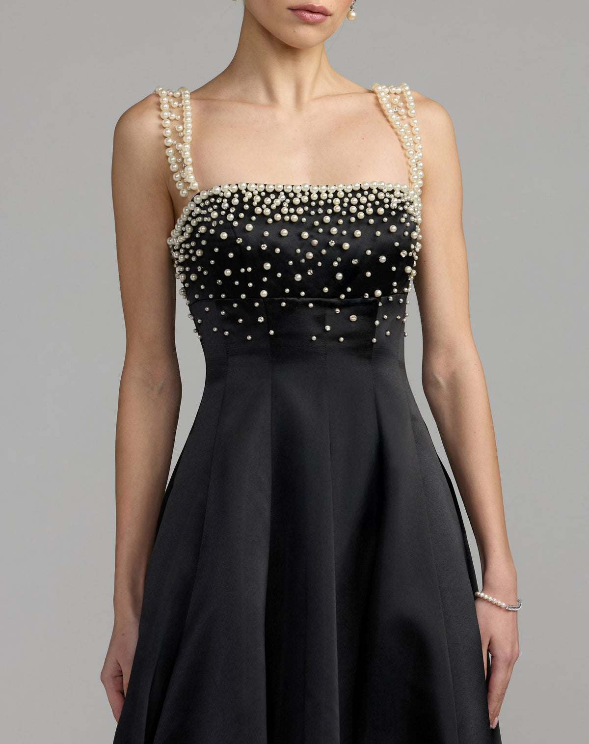 Black Pearl Embellished A-Line Satin Gown - Mac Duggal