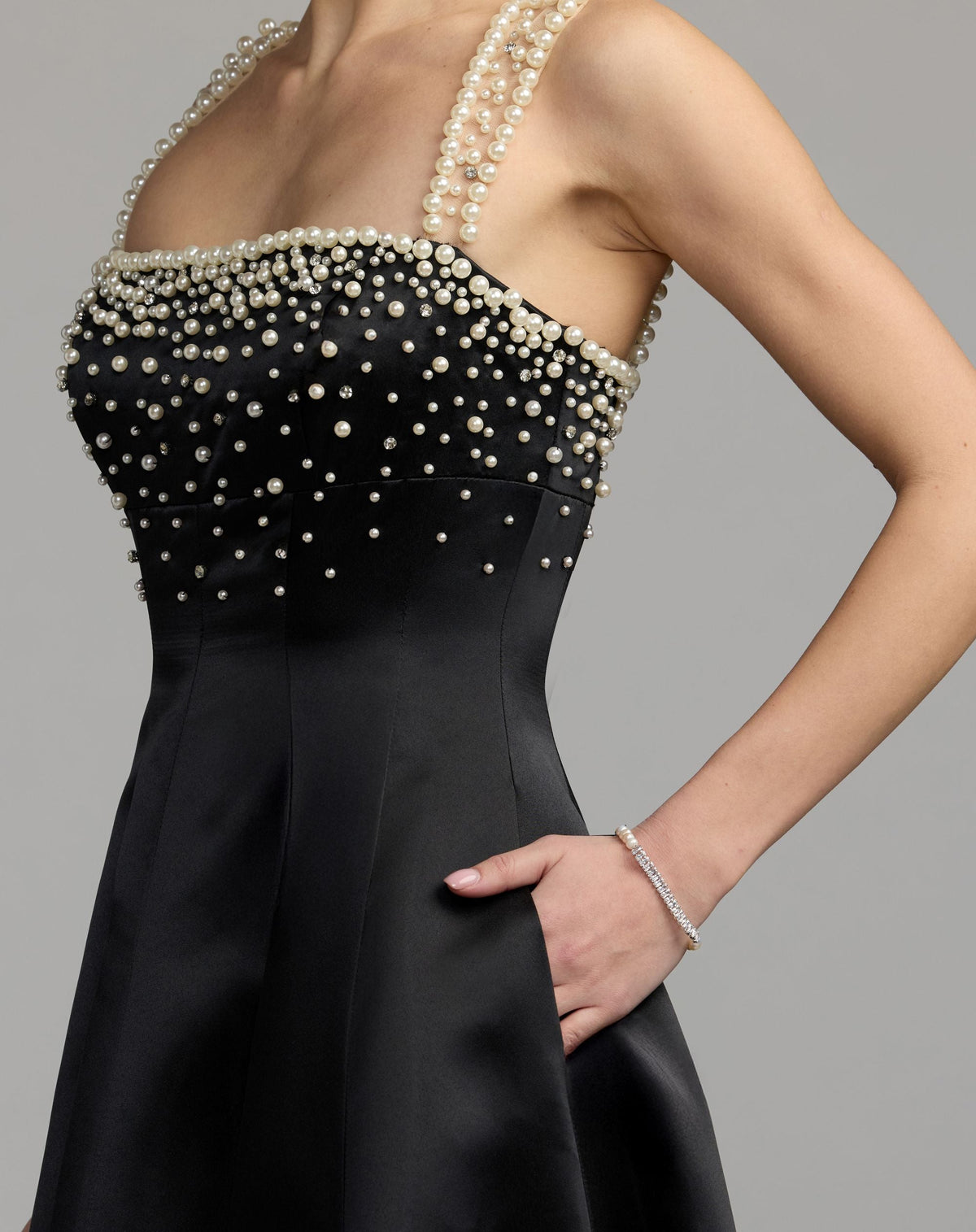 Black Pearl Embellished A-Line Satin Gown - Mac Duggal