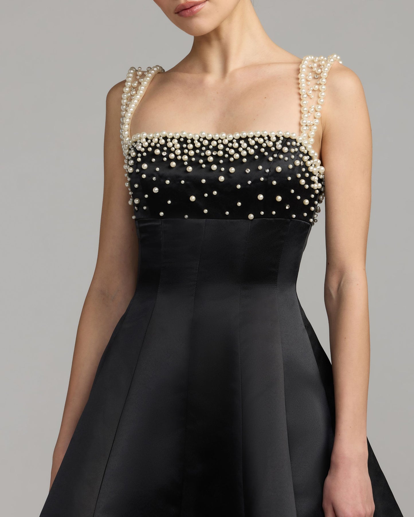 Black Pearl Embellished Satin Mini Dress - Mac Duggal