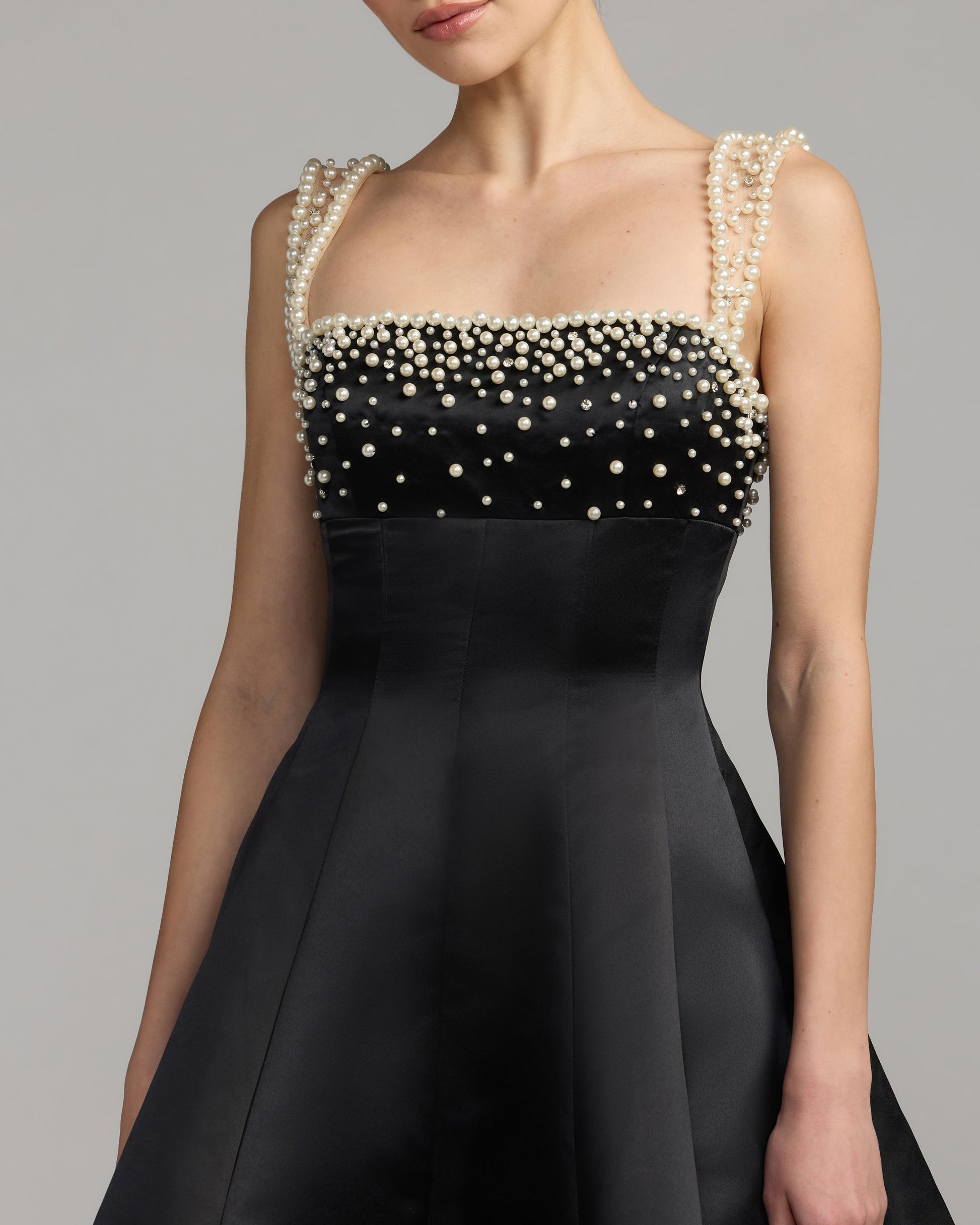 Black Pearl Embellished Satin Mini Dress - Mac Duggal